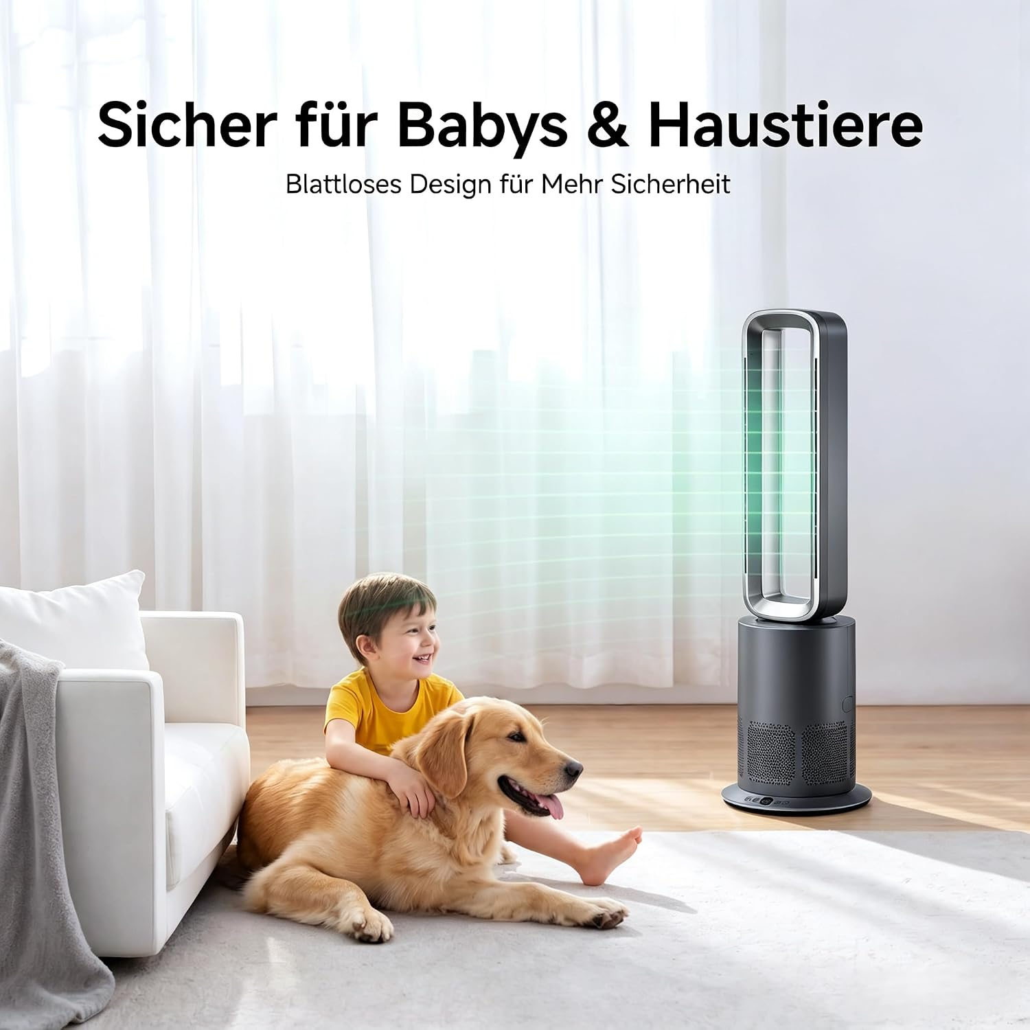Ein Junge und ein goldener Retriever sitzen auf dem Boden neben einem blattlosen Turmventilator.