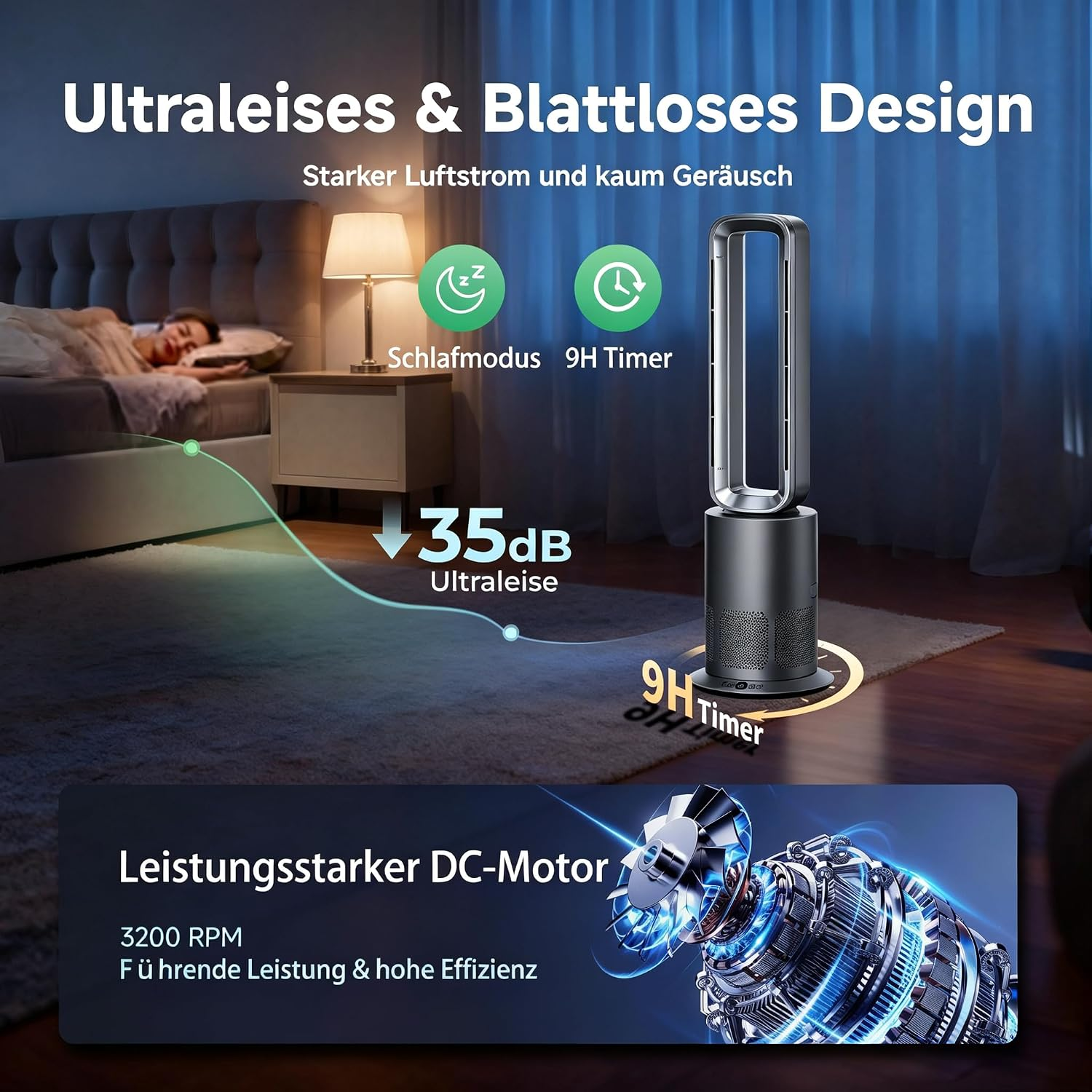 Ein grauer blattloser Ventilator in einem Schlafzimmer mit Texten zu Schlafmodus, 35dB und DC-Motor.