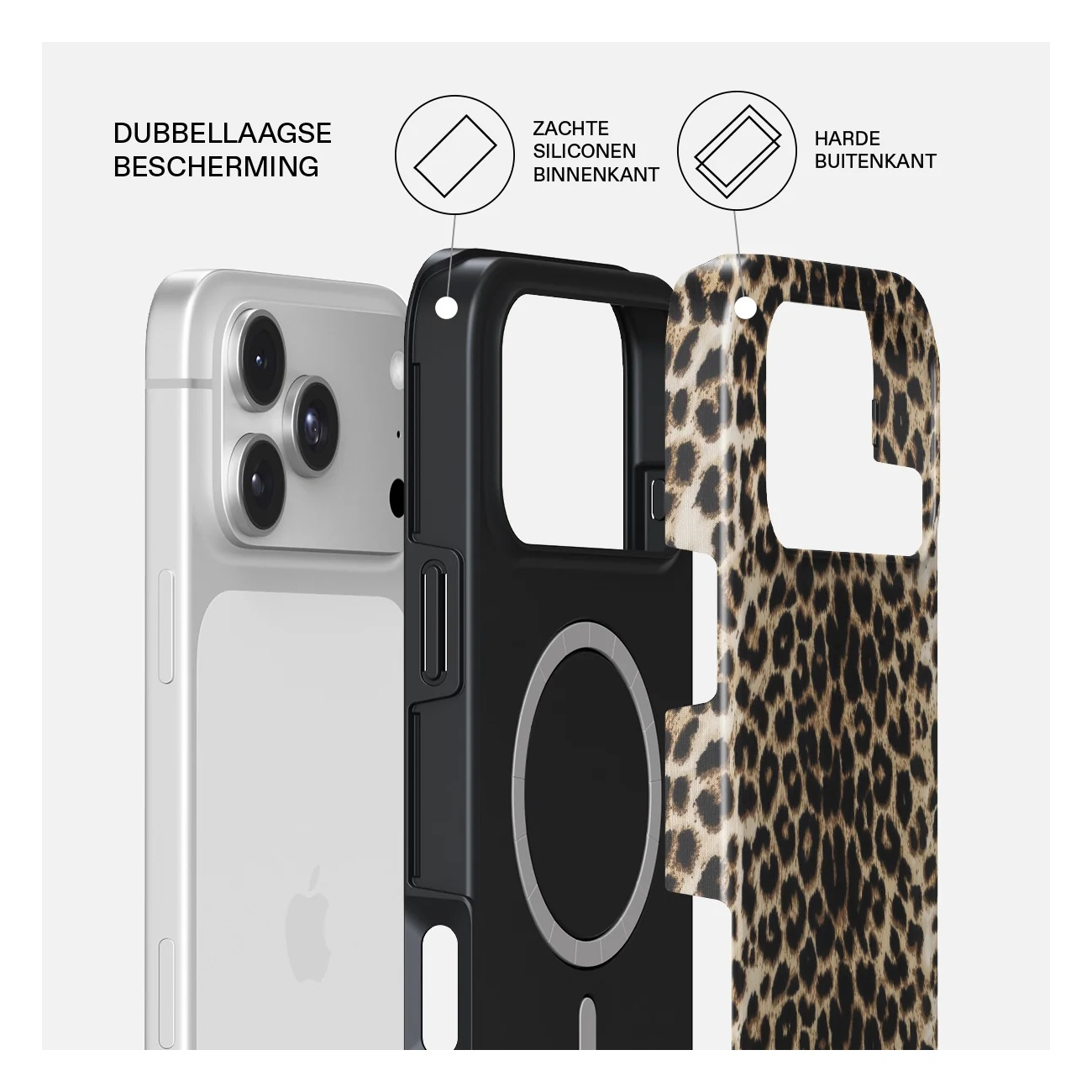 Diagram shows phone case with double protection, soft silicone inside and hard outside.