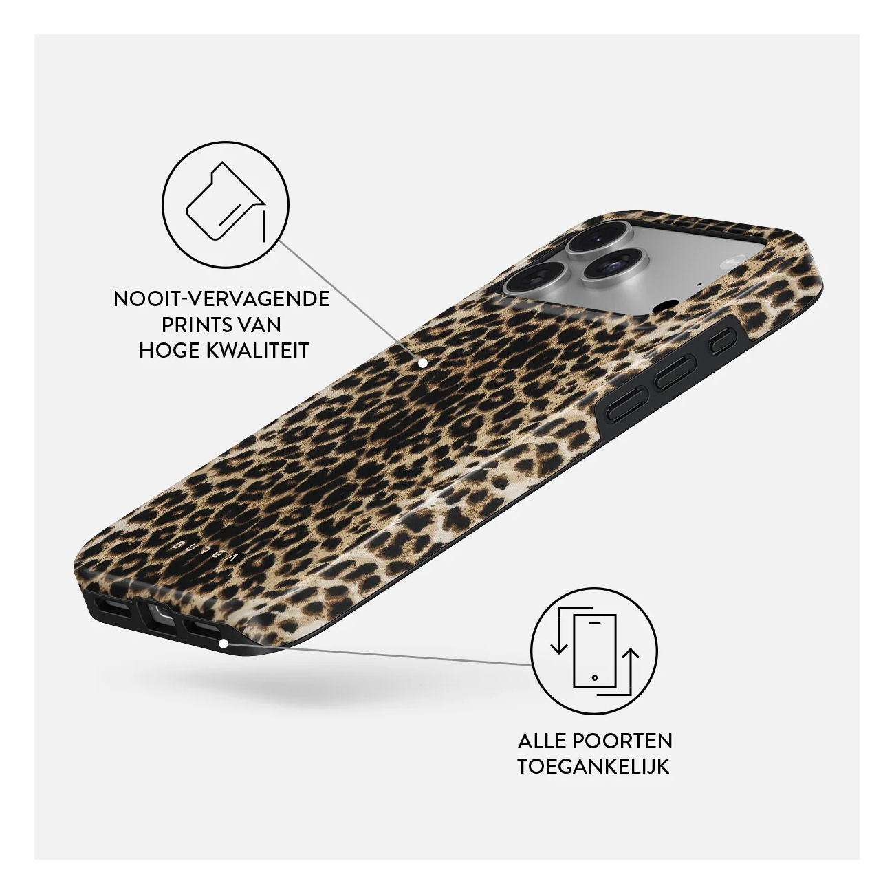 A smartphone in a leopard print case features feature callouts pointing to high quality prints and accessible ports.
