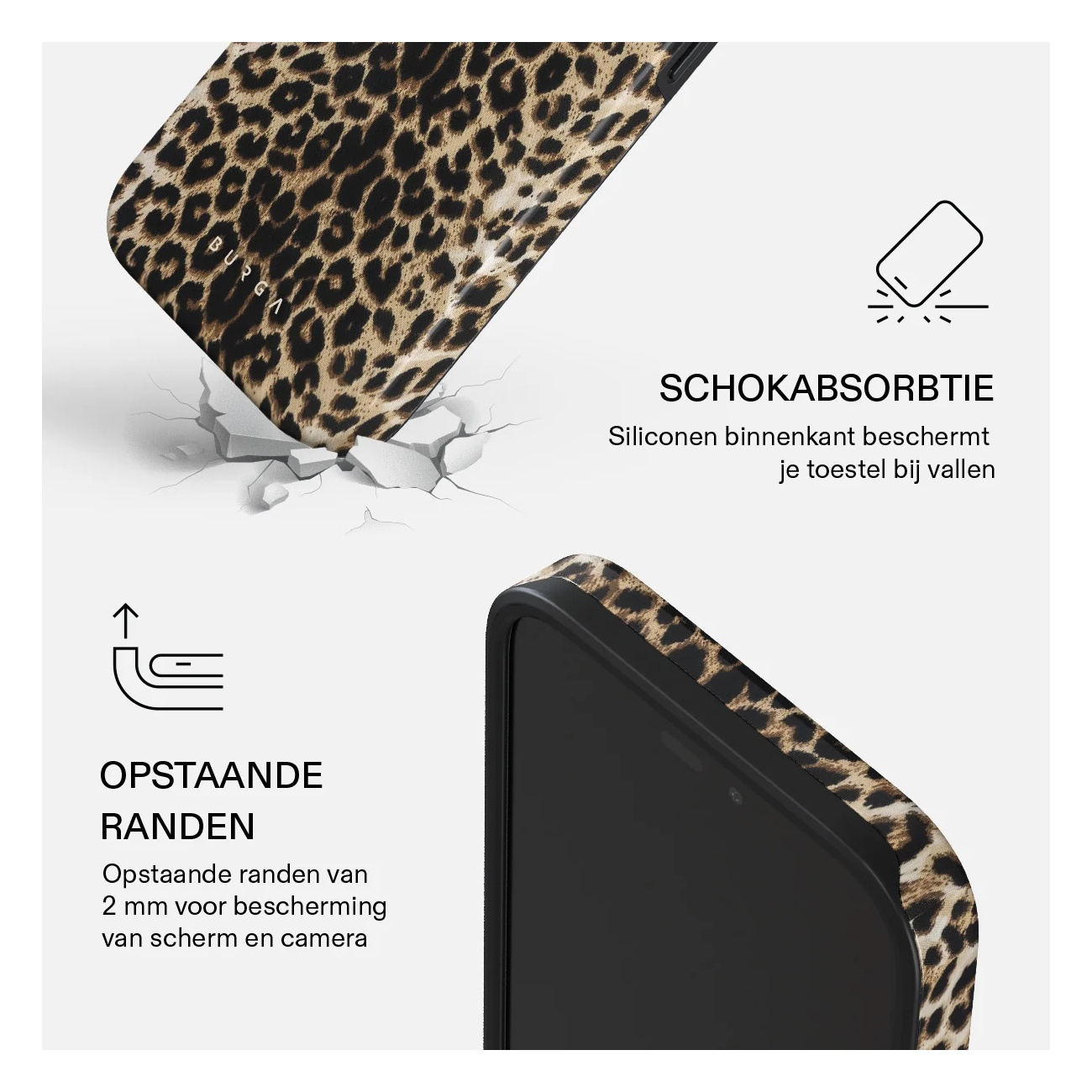 Leopard print phone case highlighting shock absorption and raised edges.