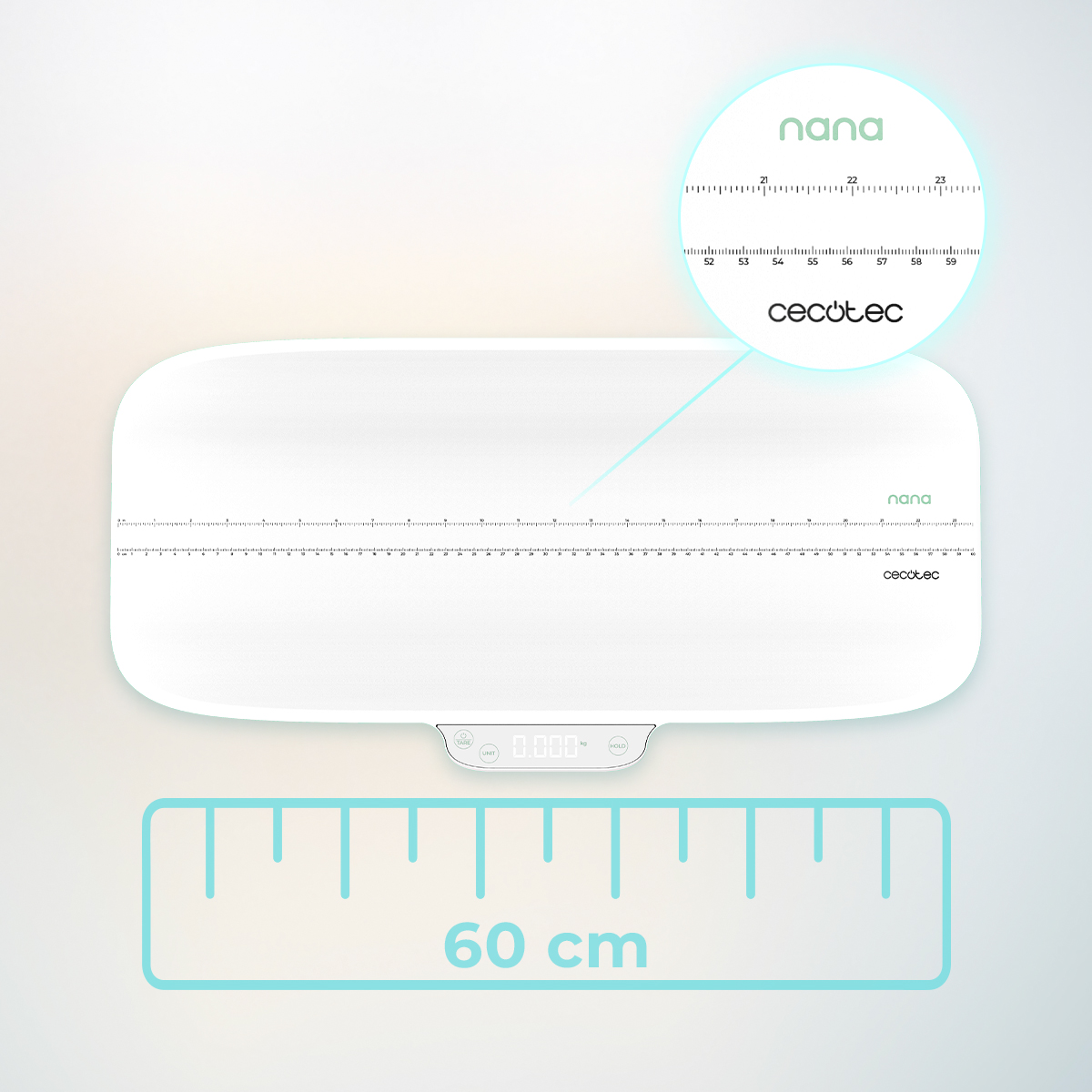 Bilancia digitale per neonati con metro integrato da 60 cm e vista ingrandita della scala.
