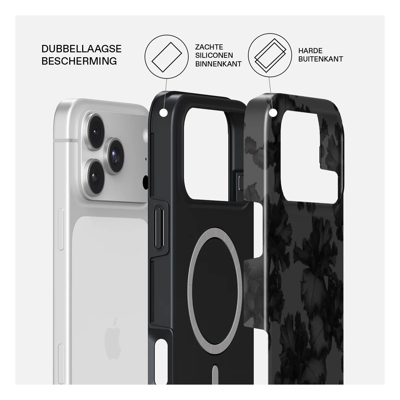 Diagram showing dual-layer phone case protection with soft silicone inside and hard outer shell.