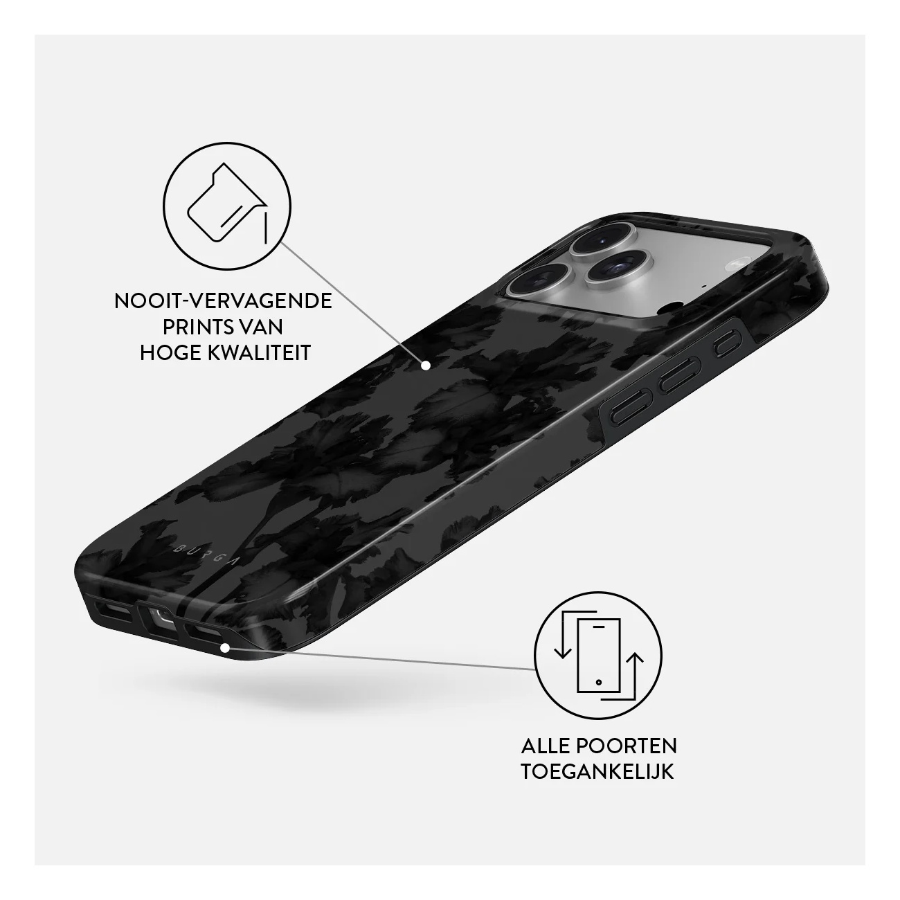 Black floral phone case showing high quality prints and accessible ports.