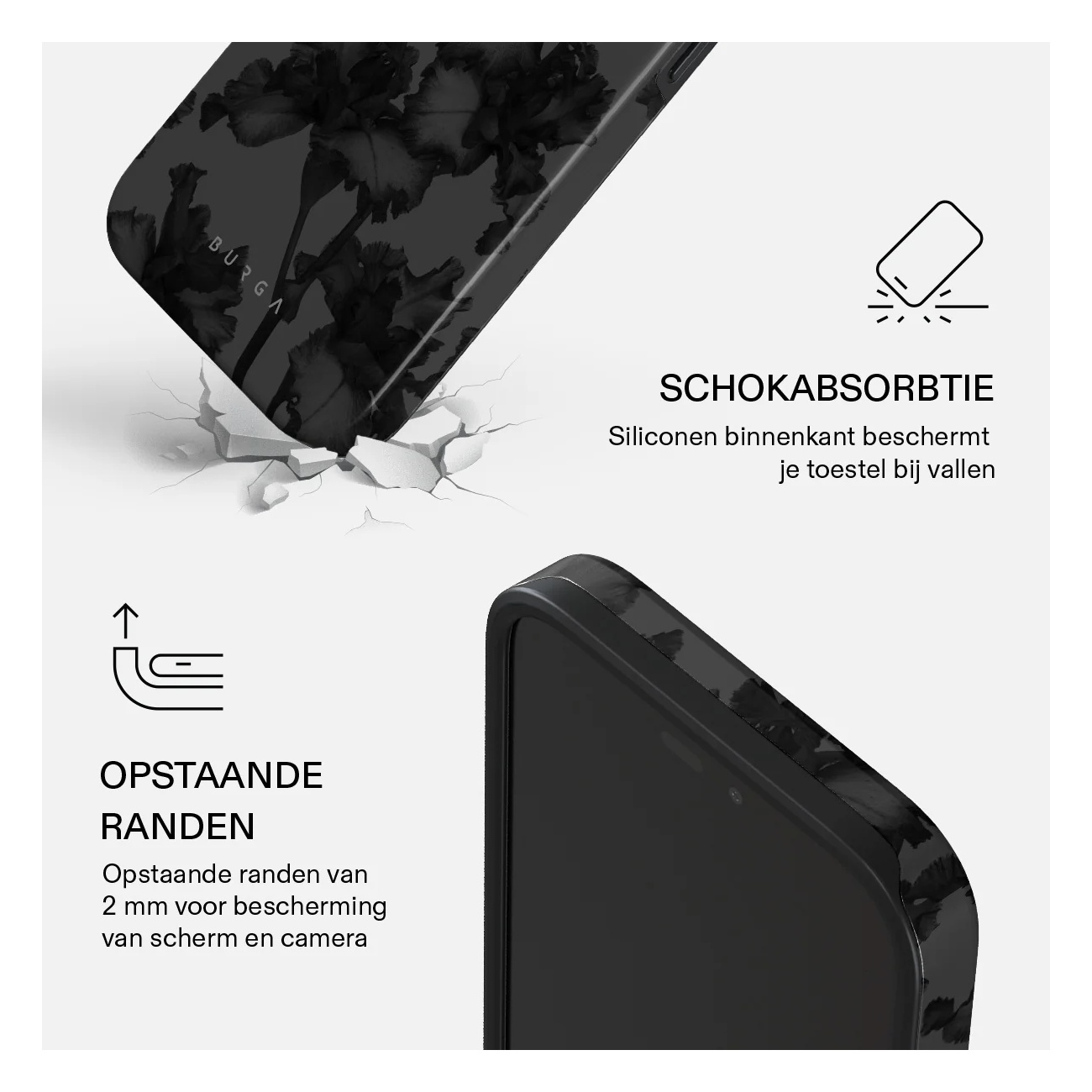 Product graphic showing shock absorption and raised edges of a black floral protective phone case.