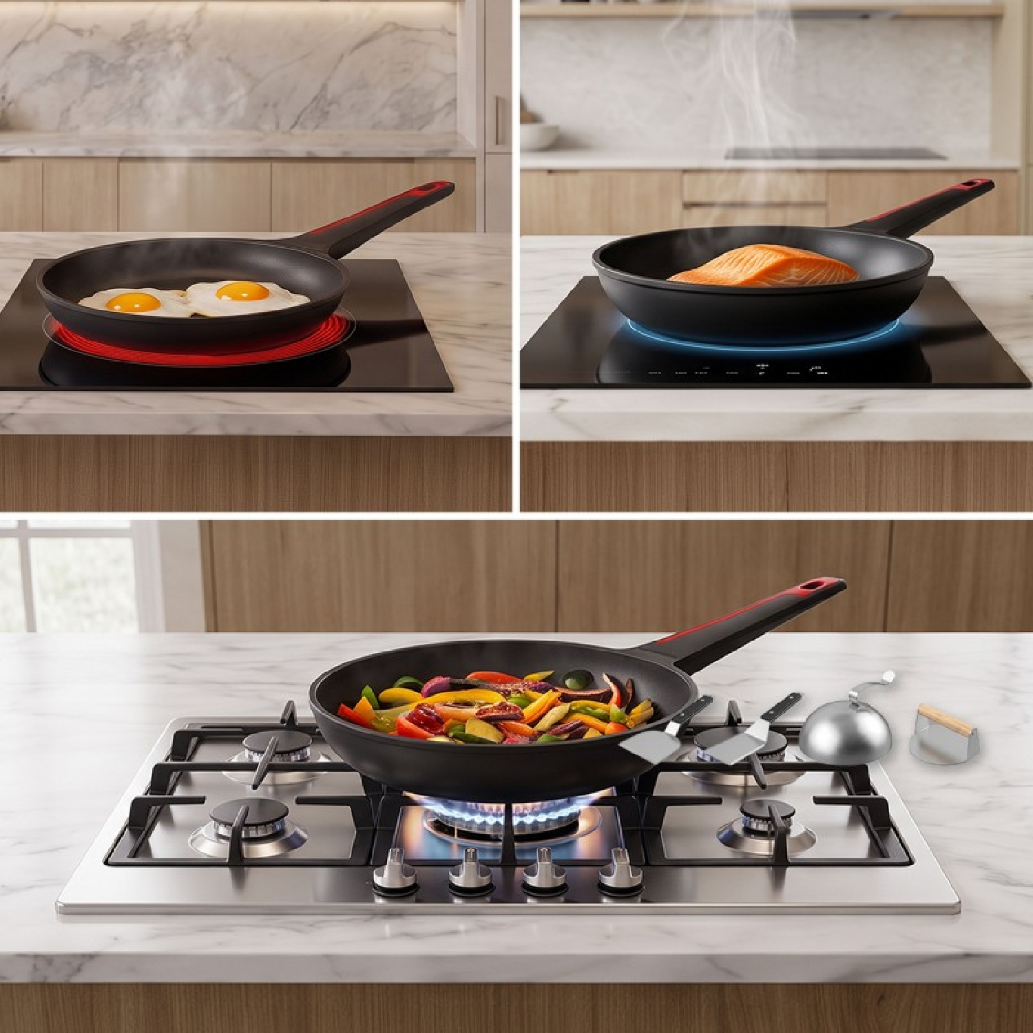 Sartenes cocinando alimentos como huevos, salmón y verduras en varias estufas en una cocina moderna.