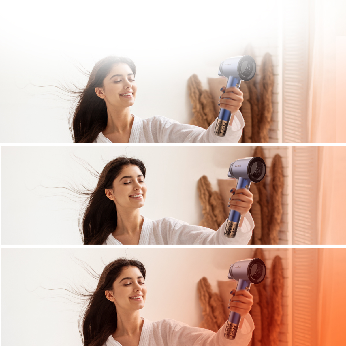 Frau im Bademantel hält einen blauen Haartrockner, Haare wehen im Wind.