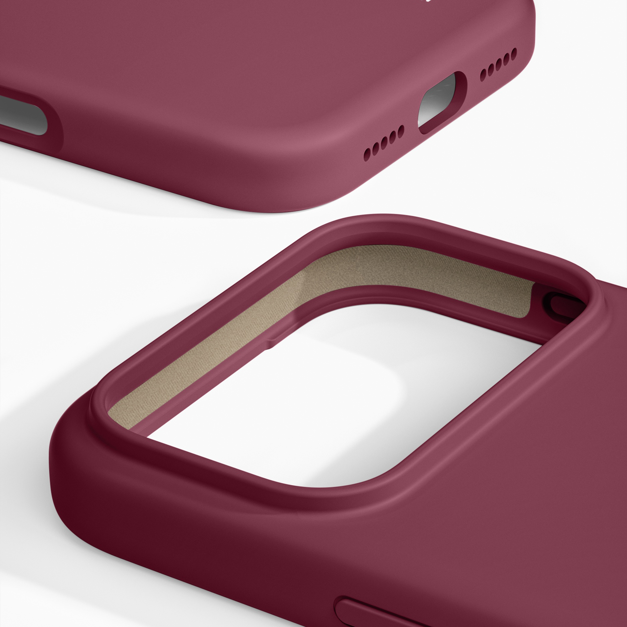 Twee bordeauxrode smartphonehoesjes op witte achtergrond tonen de zachte voering en openingen.