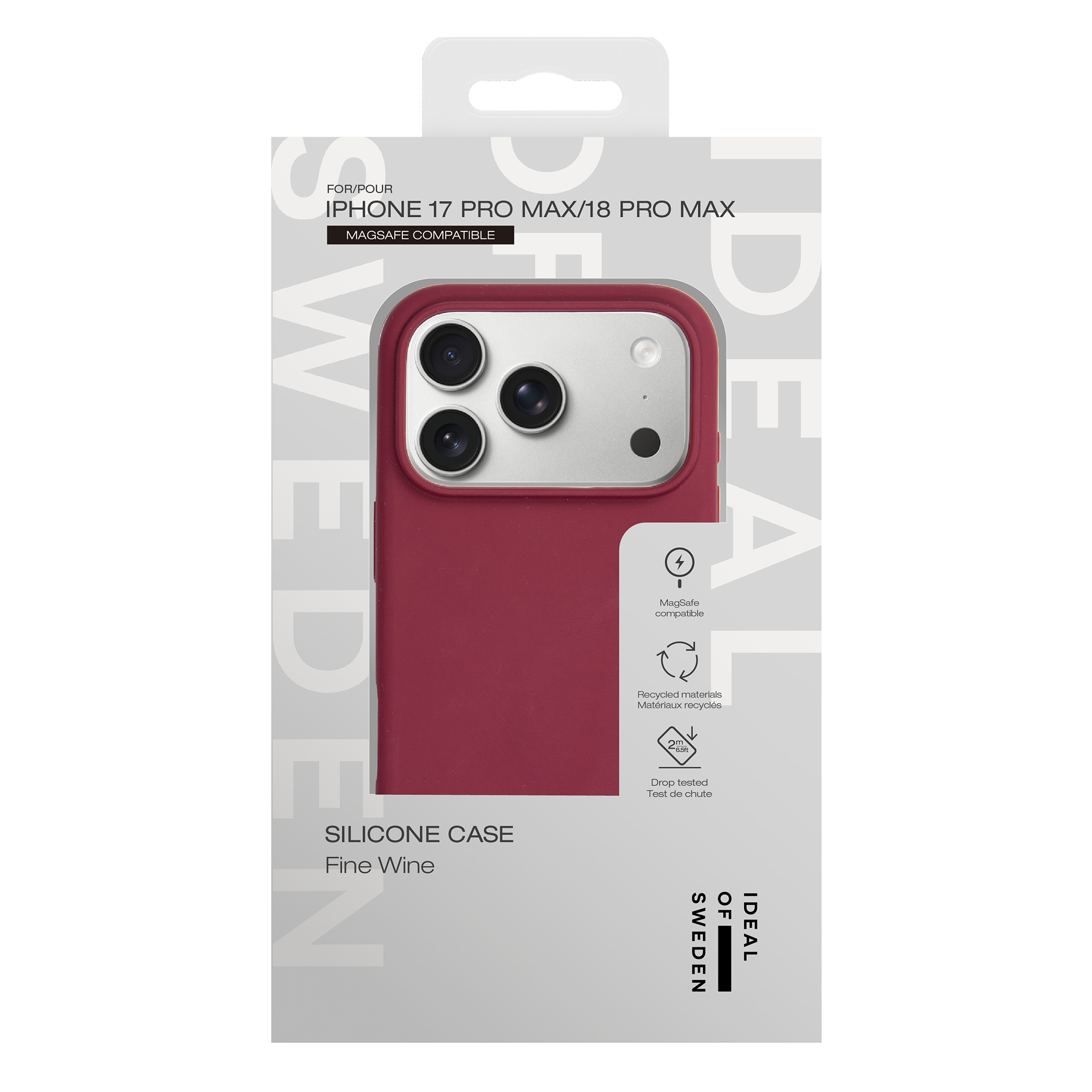Rode siliconen telefoonhoes in verpakking, voor iPhone 17 Pro Max/18 Pro Max, in de kleur Fine Wine.