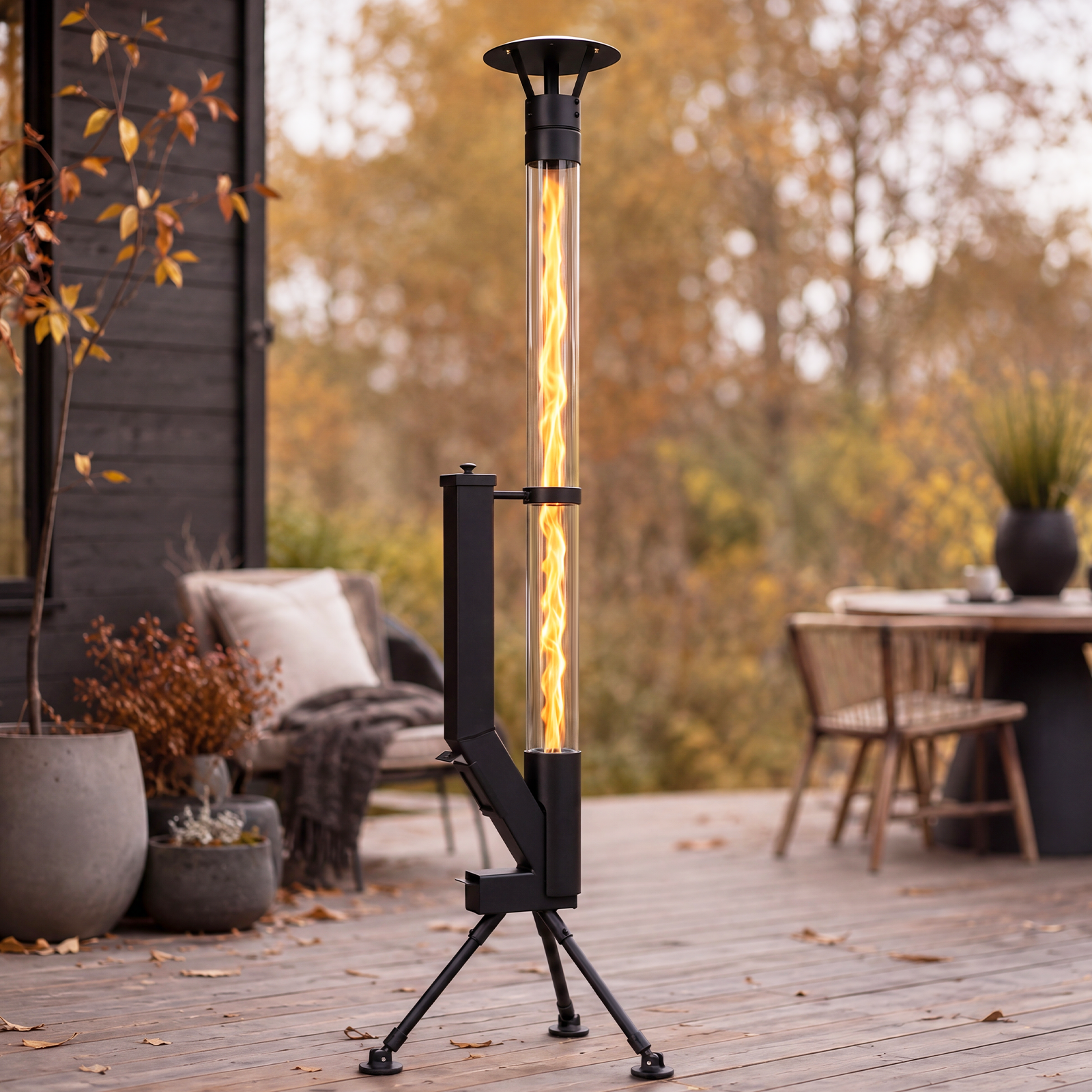 Un sottile riscaldatore da patio nero con fiamma visibile si trova su una terrazza in legno davanti agli alberi autunnali.