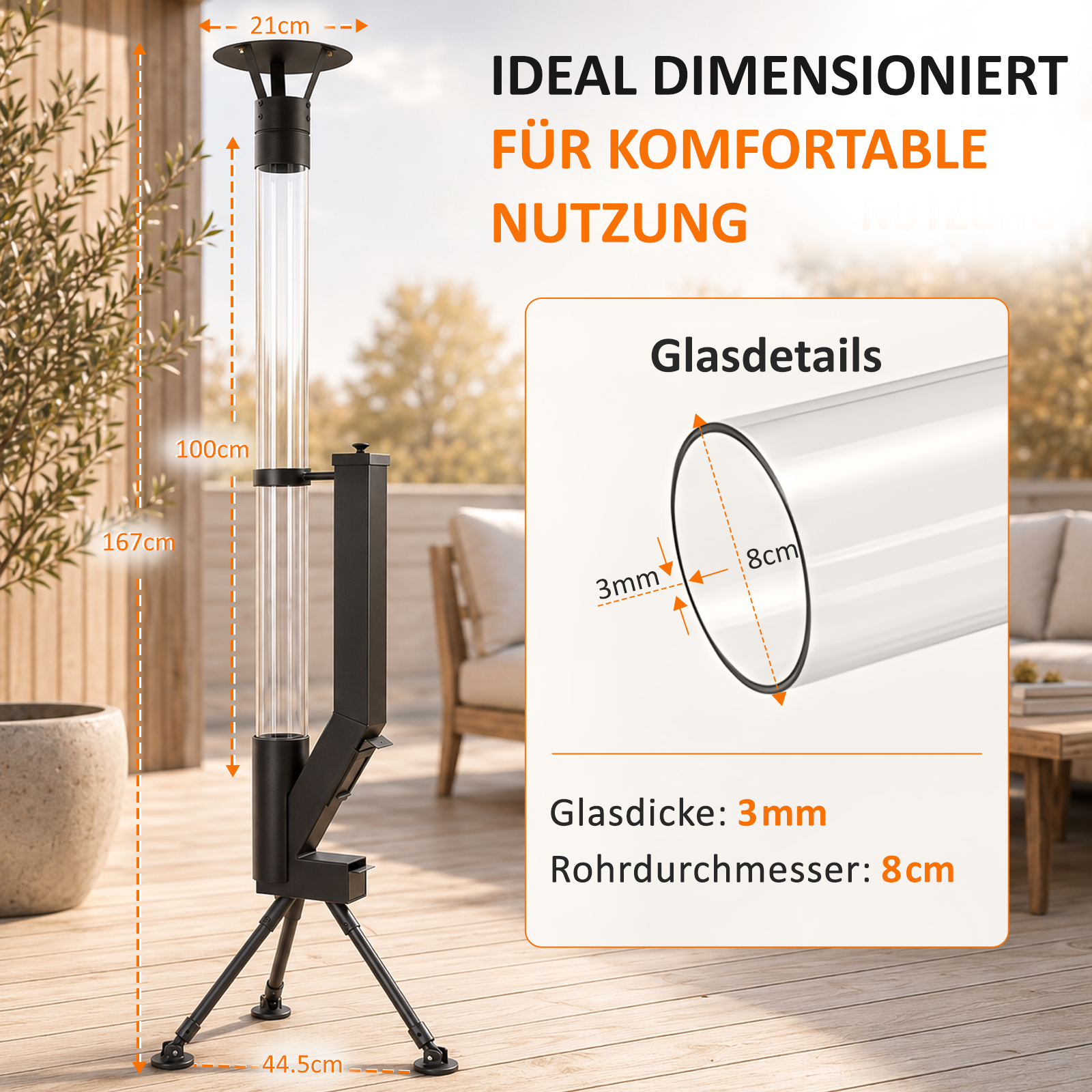Il diagramma mostra le dimensioni di una stufa nera con tubo di vetro.