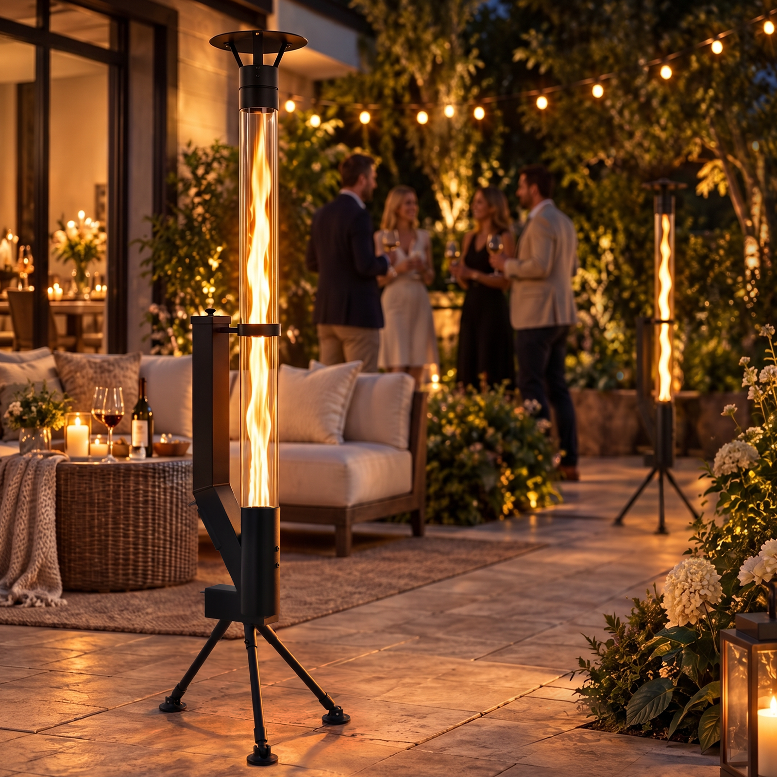 Festa in giardino illuminata con due stufe da esterno in vetro, divani e persone che socializzano sullo sfondo.