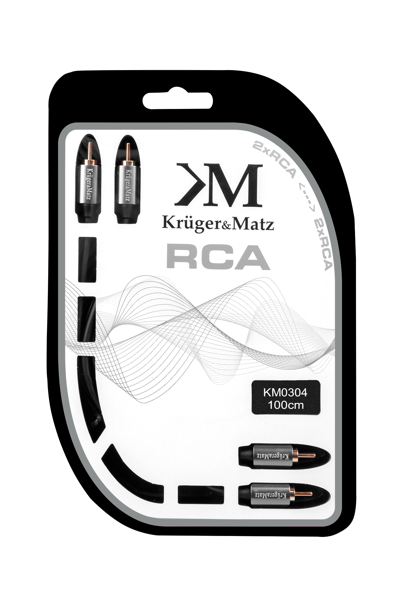 Opakowanie kabla audio Krüger&Matz 2xRCA, 100cm, z czarnymi wtyczkami i białym nadrukiem na kartonowej podkładce.