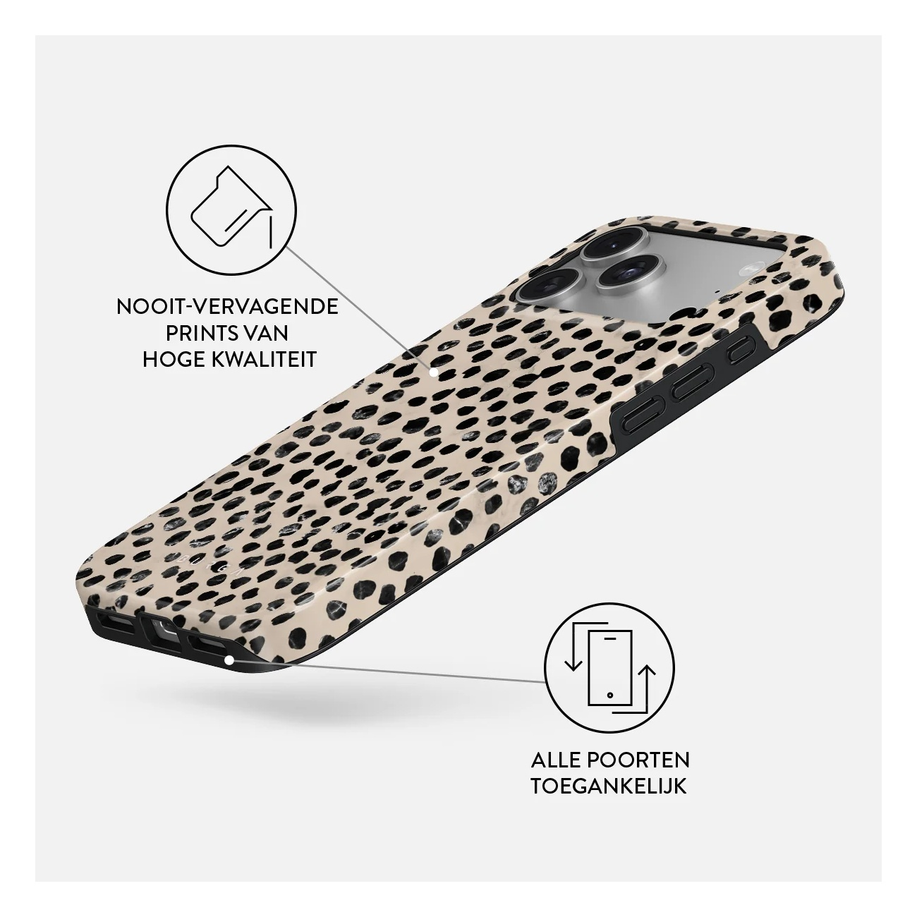 Smartphone in a beige case with a black leopard print and two icons with text.