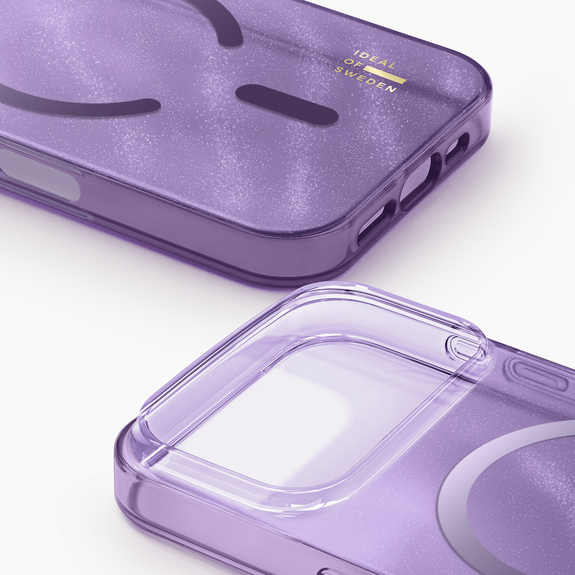 Cover per cellulare viola glitterate con logo dorato su sfondo bianco.
