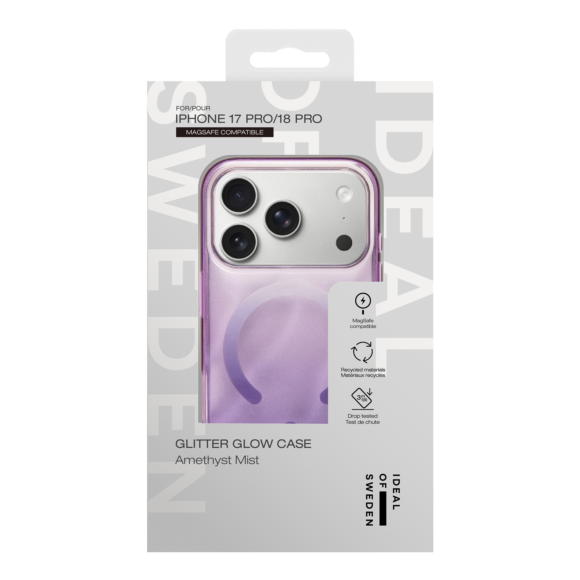 Confezione per custodia rosa iPhone 17 Pro/18 Pro glitter glow in bruma ametista, compatibile MagSafe.
