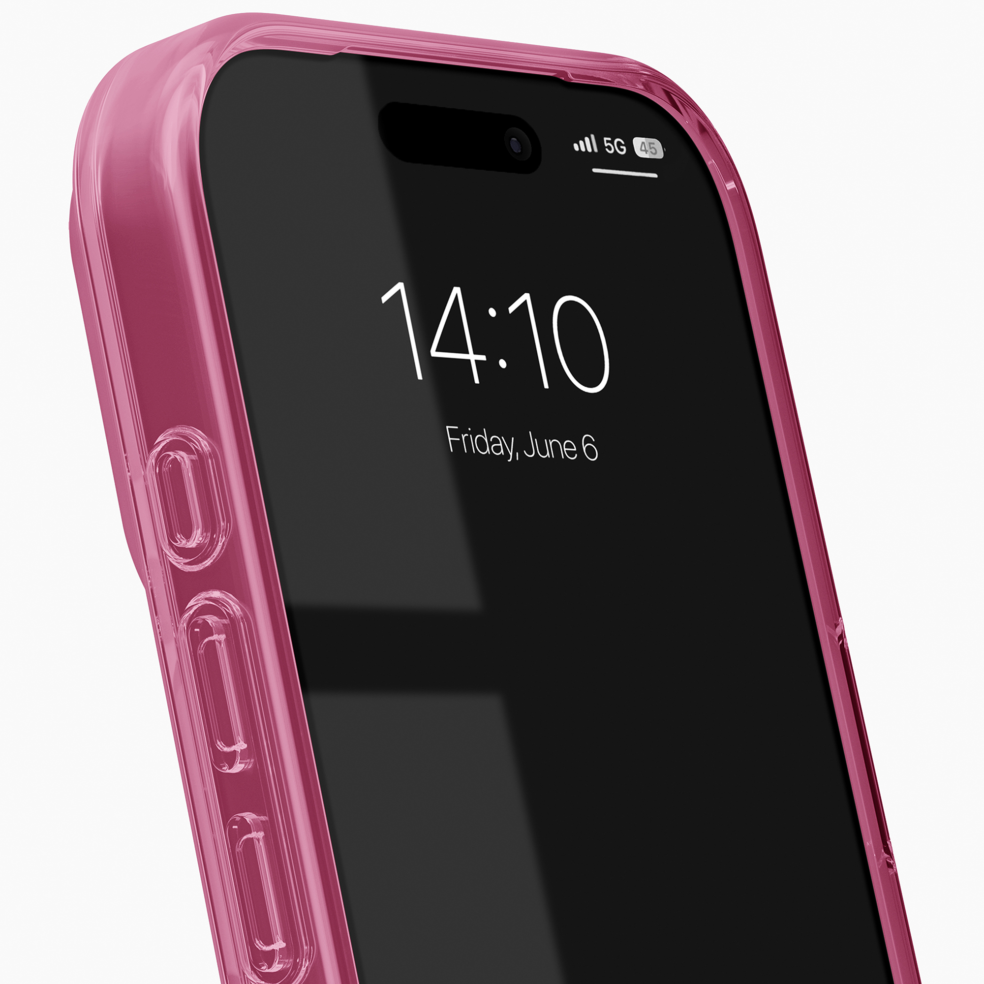 Smartphone in custodia rosa con schermo nero che mostra le 14:10 e la data.
