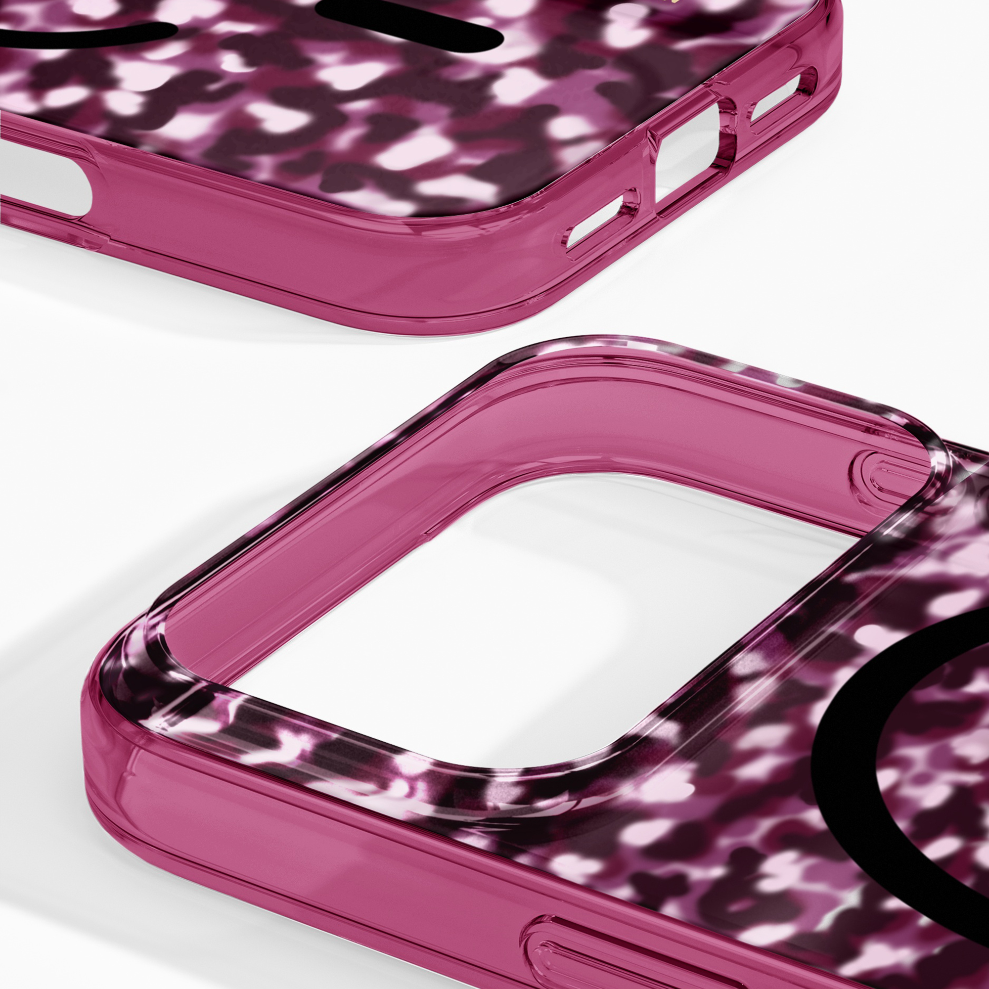 Custodia per telefono rosa con stampa animalier viola su sfondo bianco.