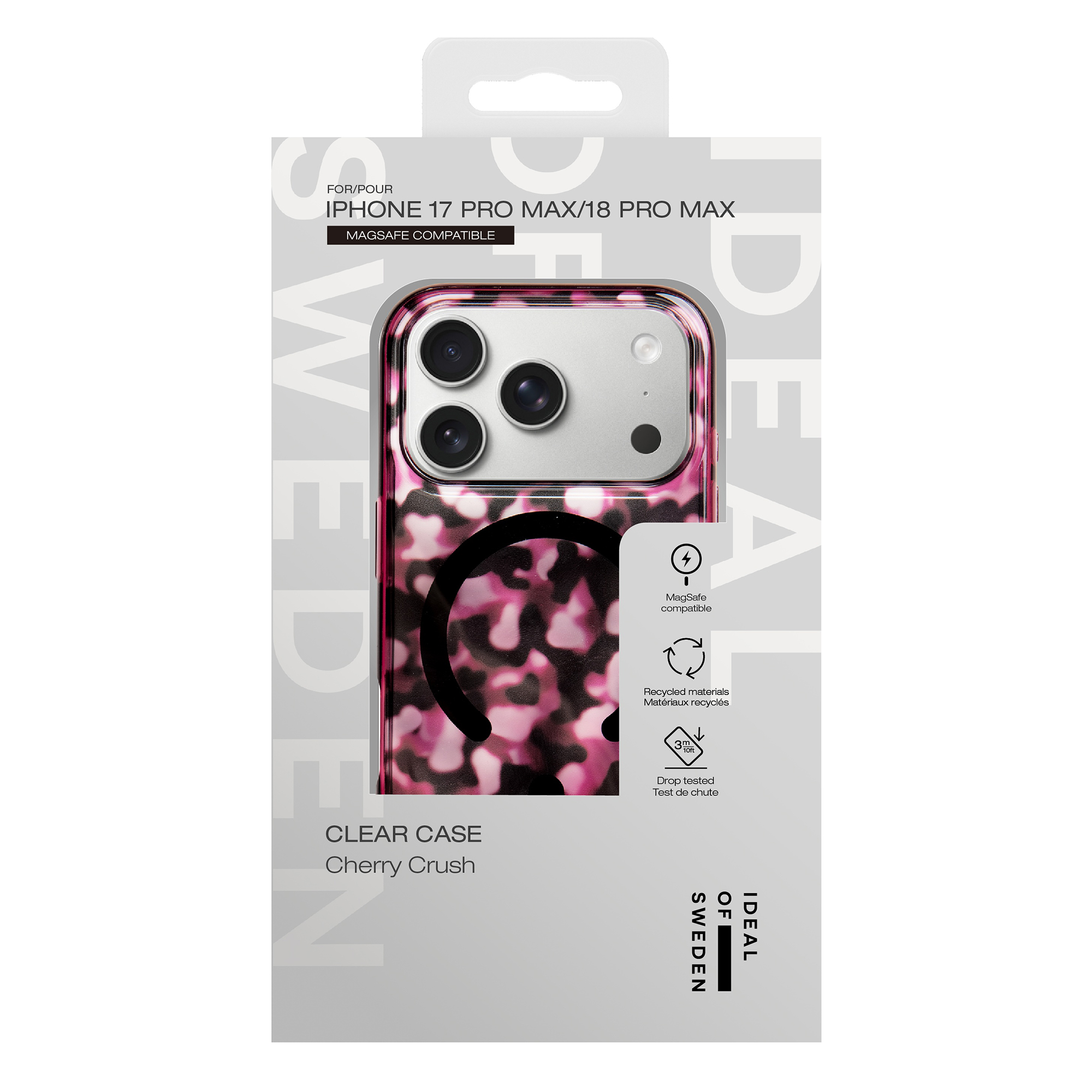Custodia per iPhone 17 Pro Max con motivo mimetico rosa in confezione bianca.