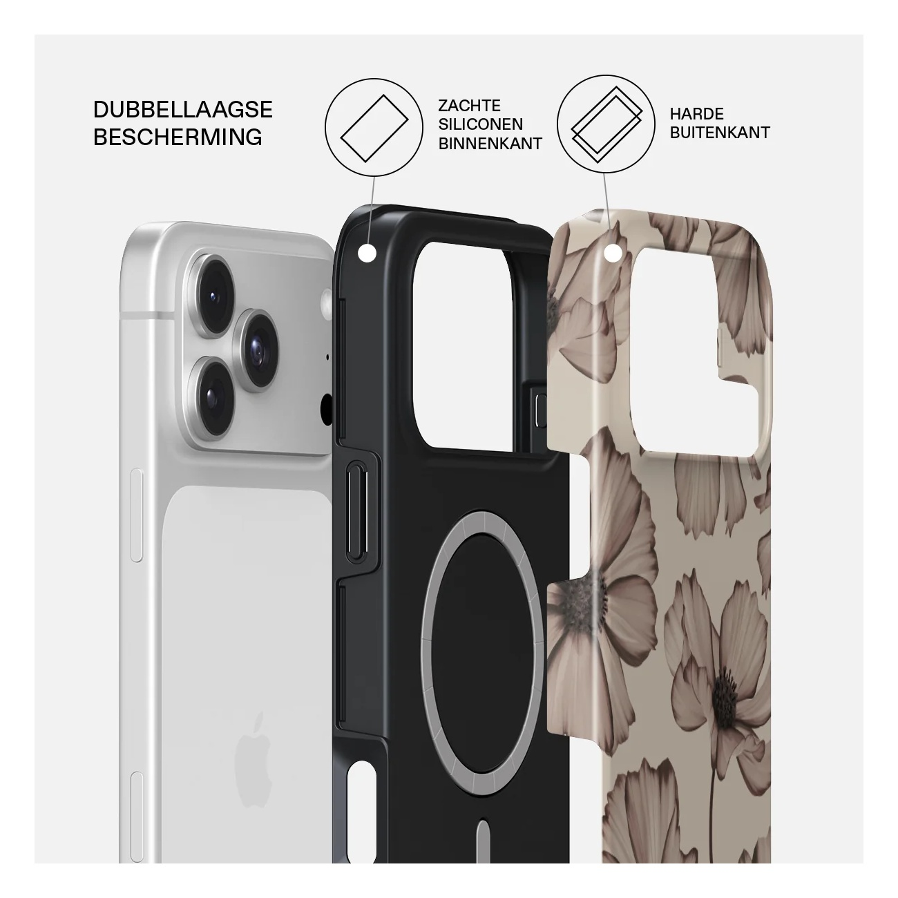 Diagram showing dual-layer phone case with soft silicone interior and hard exterior.