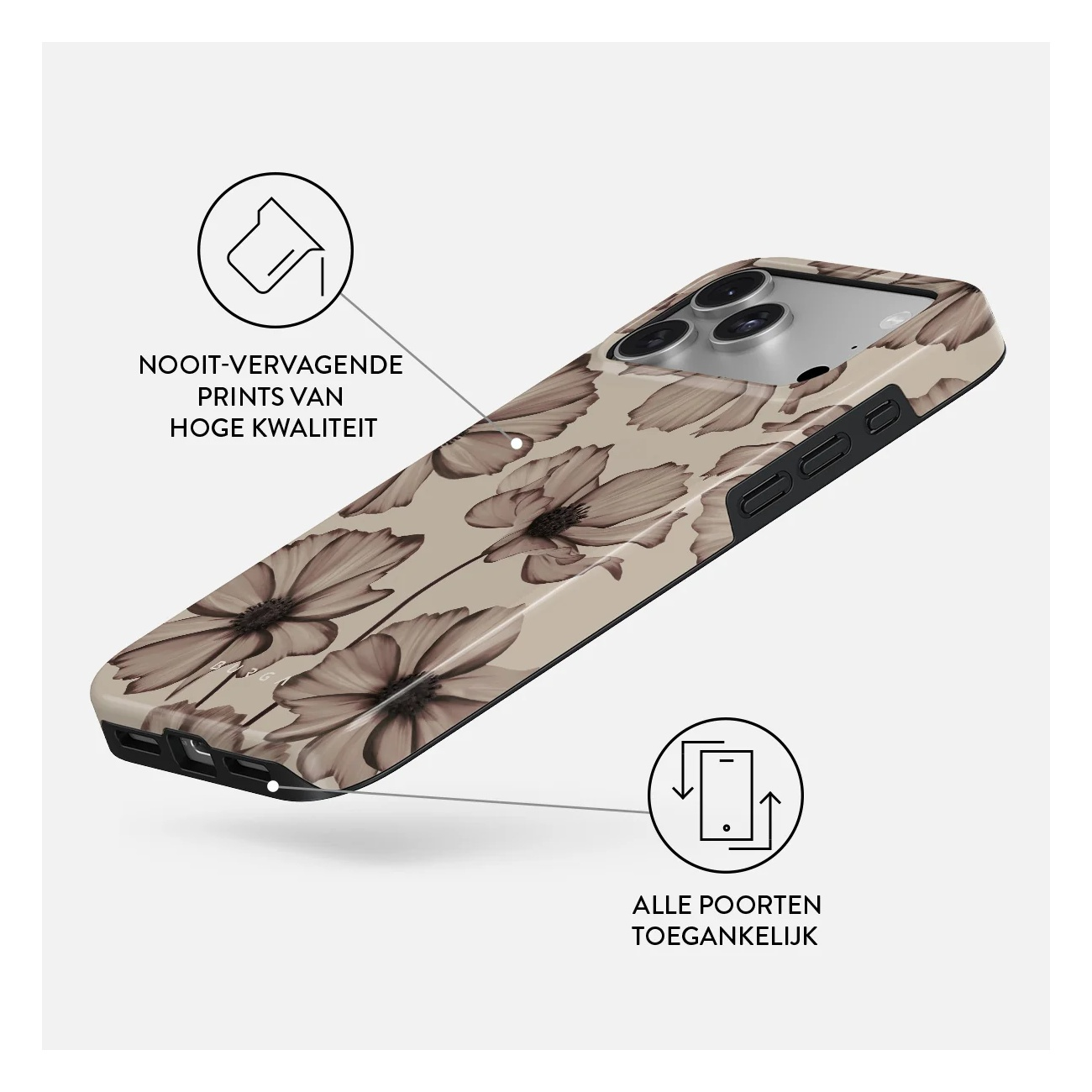 A beige smartphone case with brown floral prints, featuring quality and accessible ports icons.