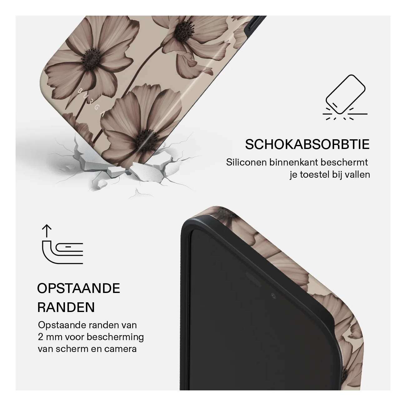 Phone case with floral pattern, shock-absorbing, and raised edges for protection.