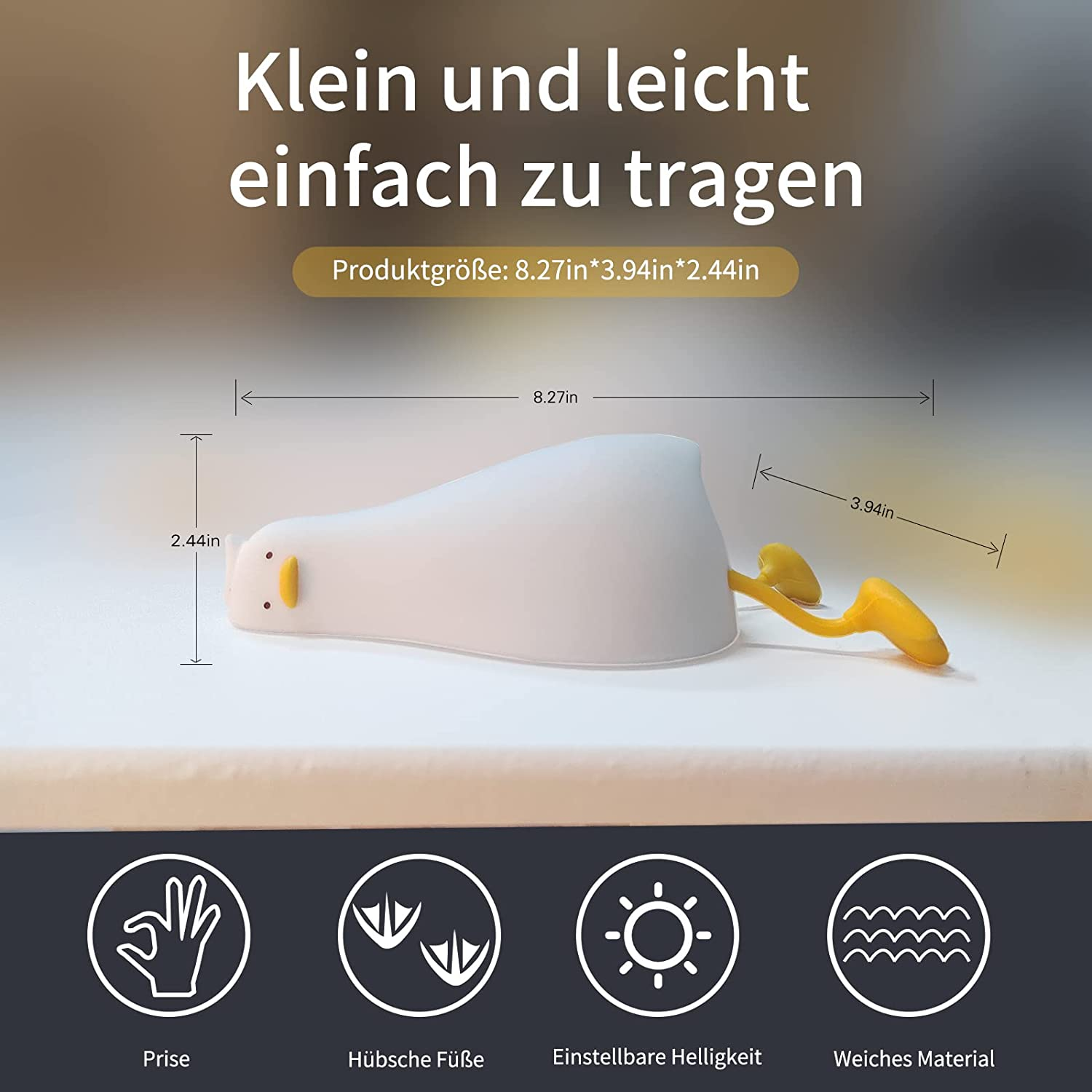 Eine weiße Enten-Nachtleuchte mit gelben Füßen liegt flach mit Maßen und Symbolen.