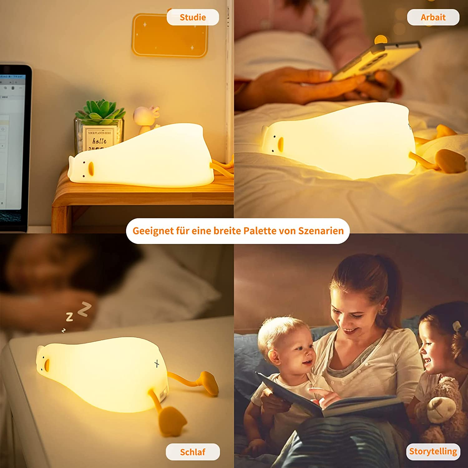Vier Bilder zeigen eine süße Entenlampe in verschiedenen alltäglichen Situationen beim Lernen, Arbeiten, Schlafen und Vorlesen.