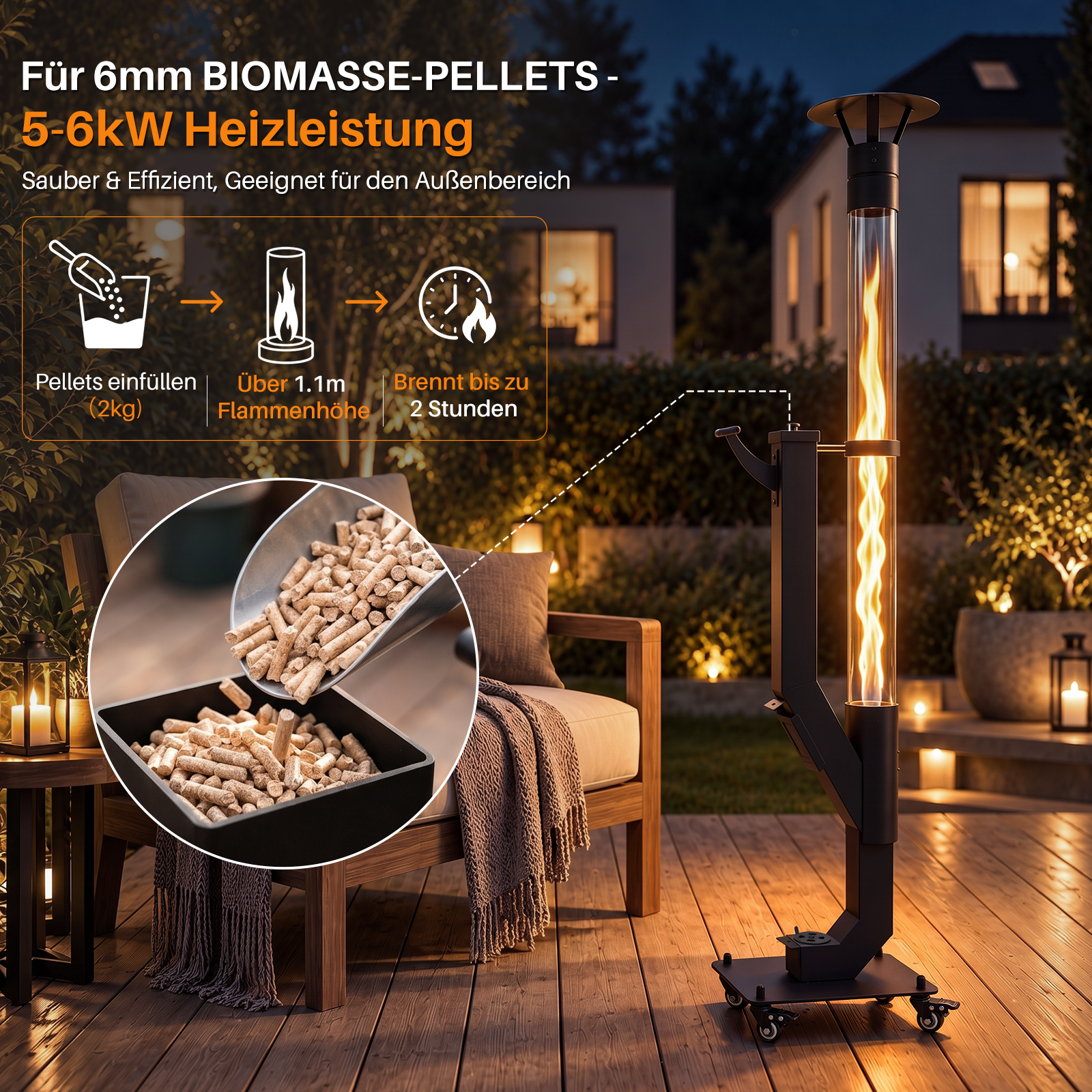 Stufa a pellet da giardino con fiamma alta su terrazza in legno.