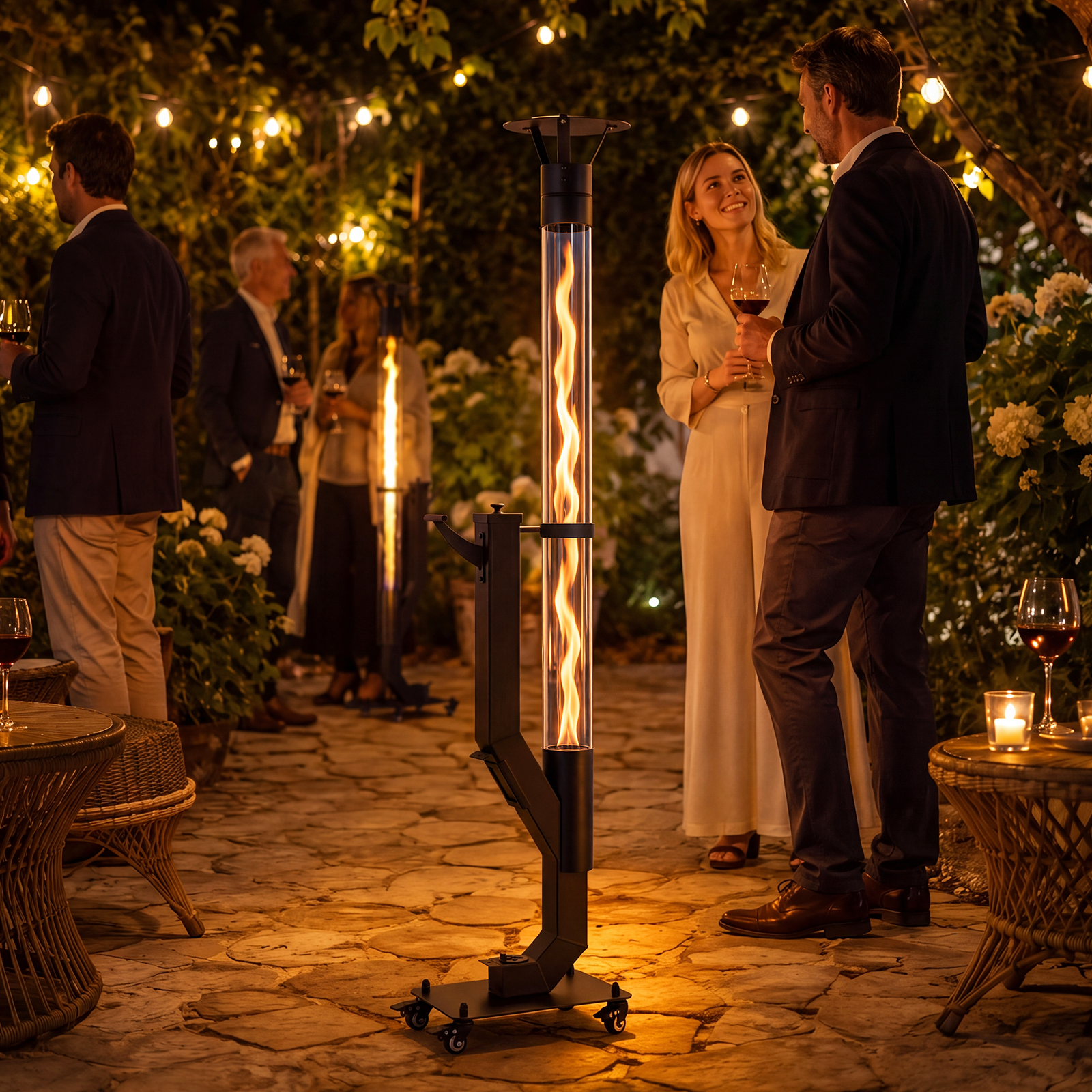 Persone in giardino sotto le luci; in primo piano, una stufa da esterno mobile con fiamma in tubo di vetro.