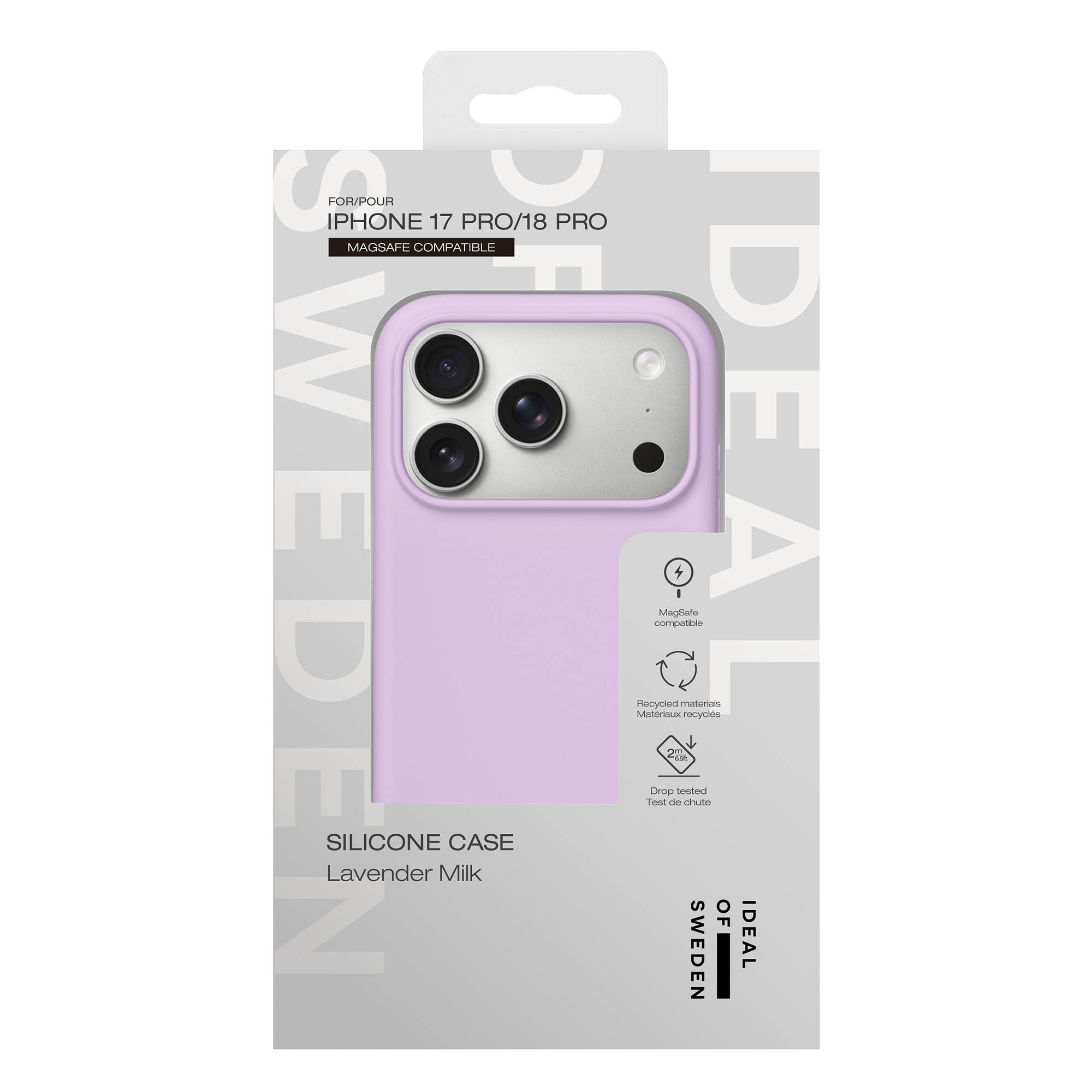 Coque en silicone lavande dans un emballage blanc pour iPhone 17 Pro/18 Pro.
