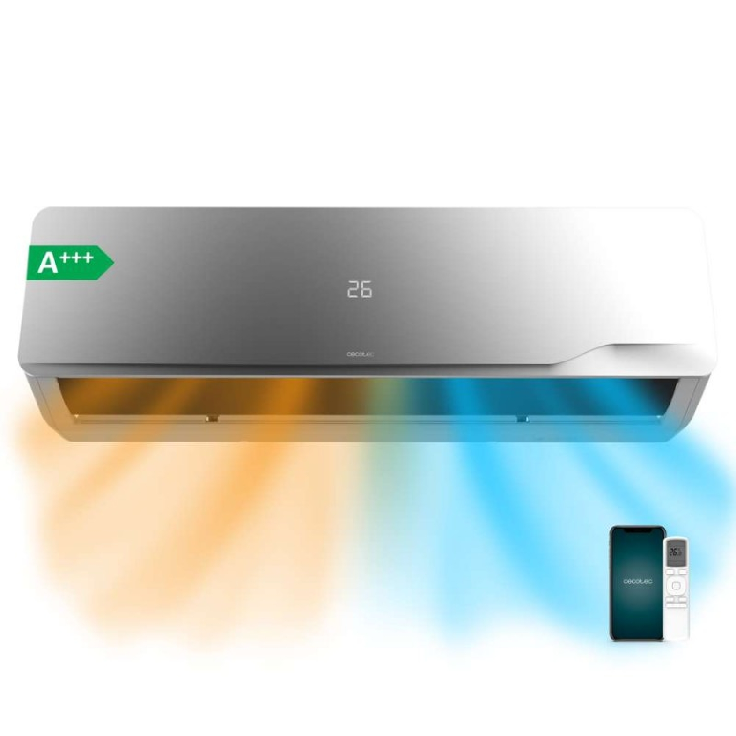 Moderno aire acondicionado blanco con etiqueta A+++, pantalla digital, flujo de calor naranja, flujo de frío azul y mando.
