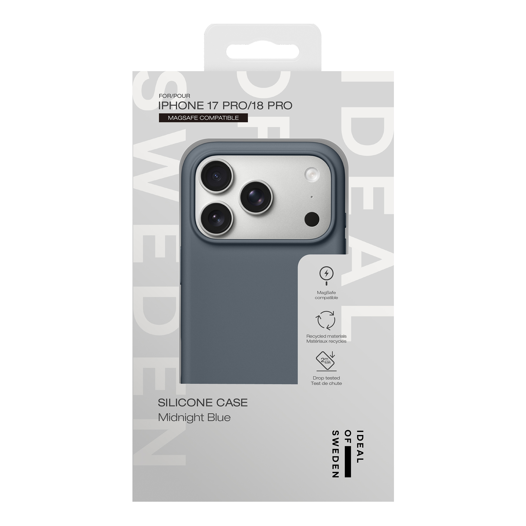 Emballage pour coque de téléphone en silicone bleu minuit pour iPhone 17 Pro/18 Pro.