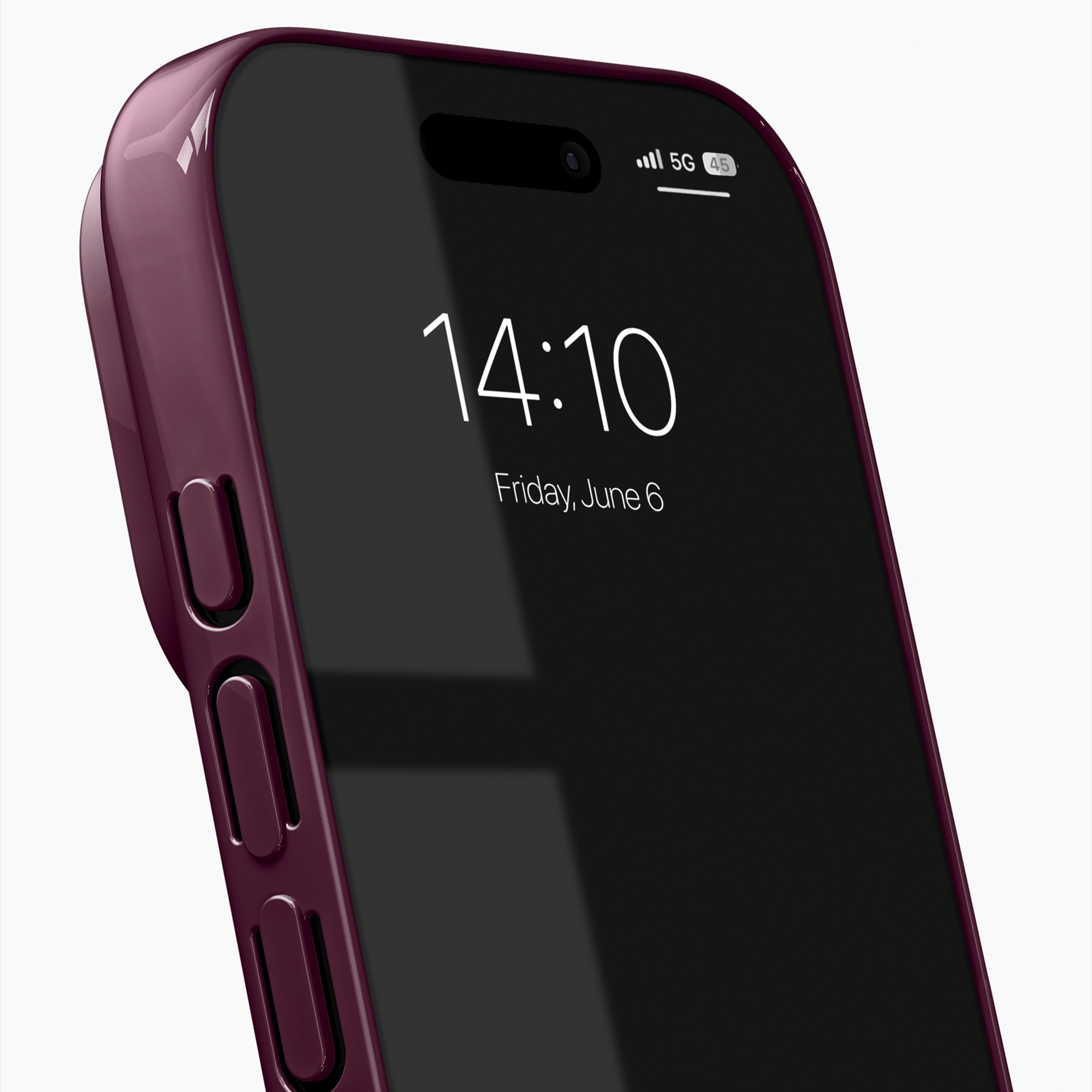 Uno smartphone rosso scuro in una custodia protettiva mostra venerdì 6 giugno e le 14:10.