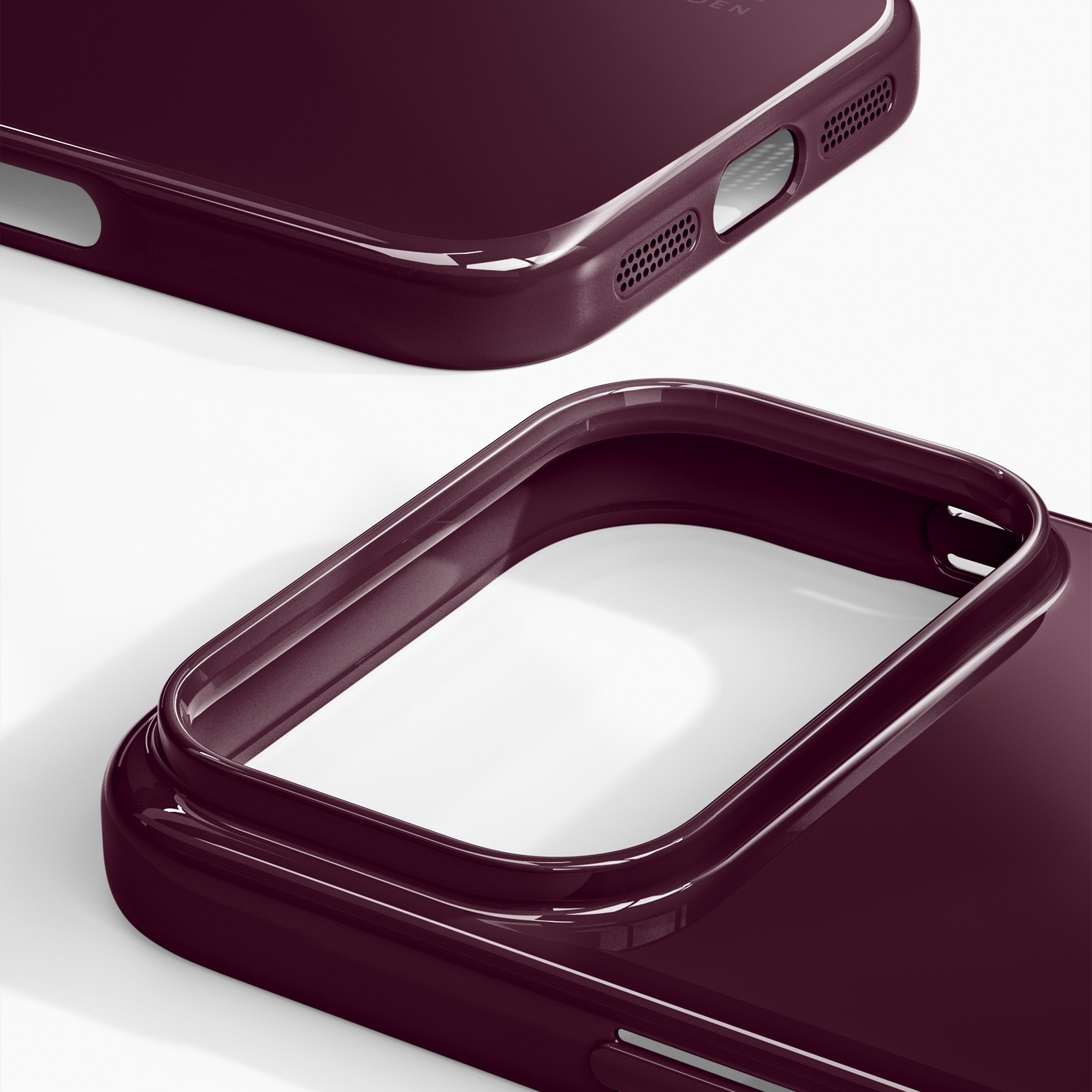 Due custodie per telefono viola scuro lucido su sfondo bianco, con dettagli di fotocamera e porte.