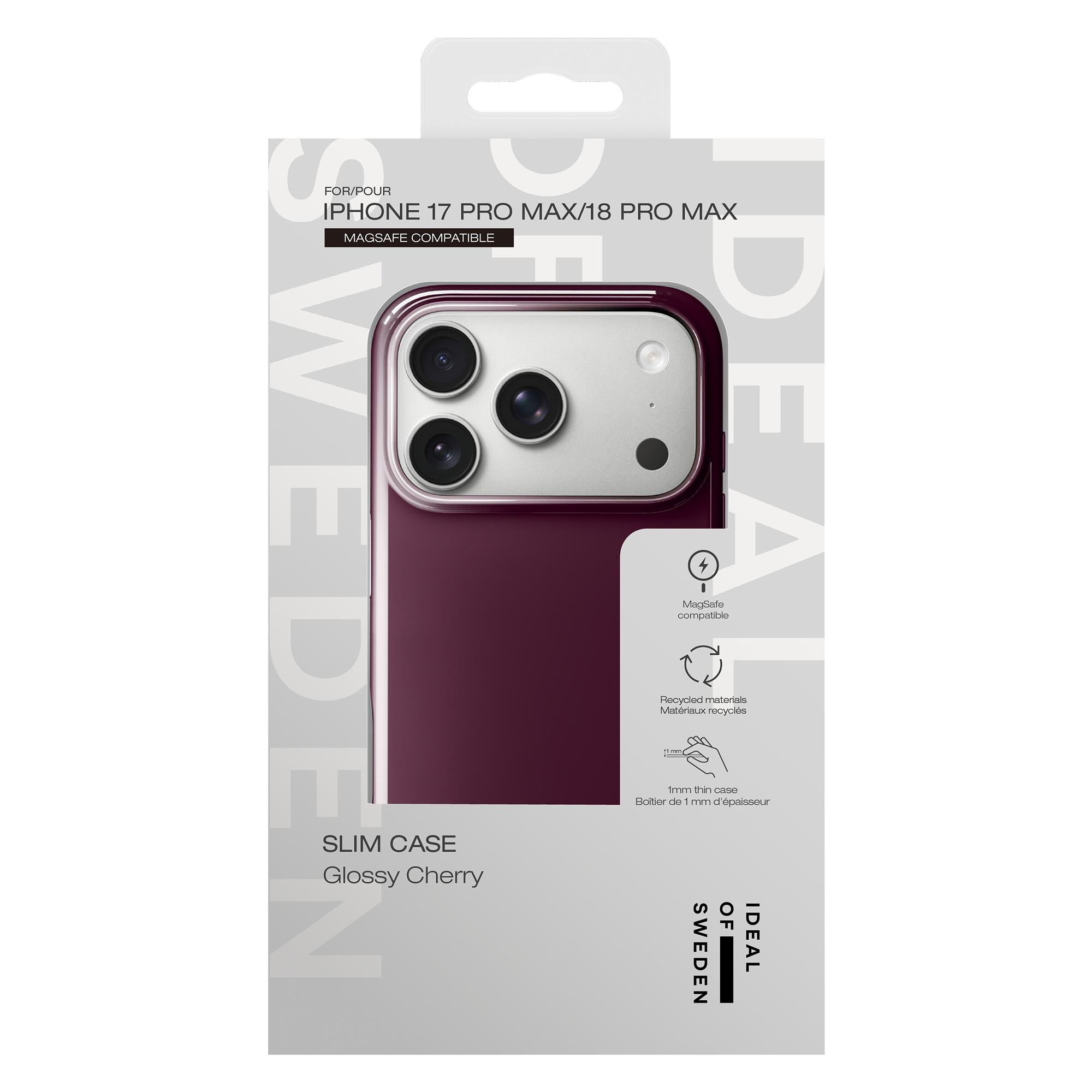 Una custodia per telefono rosso ciliegia lucida per iPhone 17/18 Pro Max in confezione bianca.