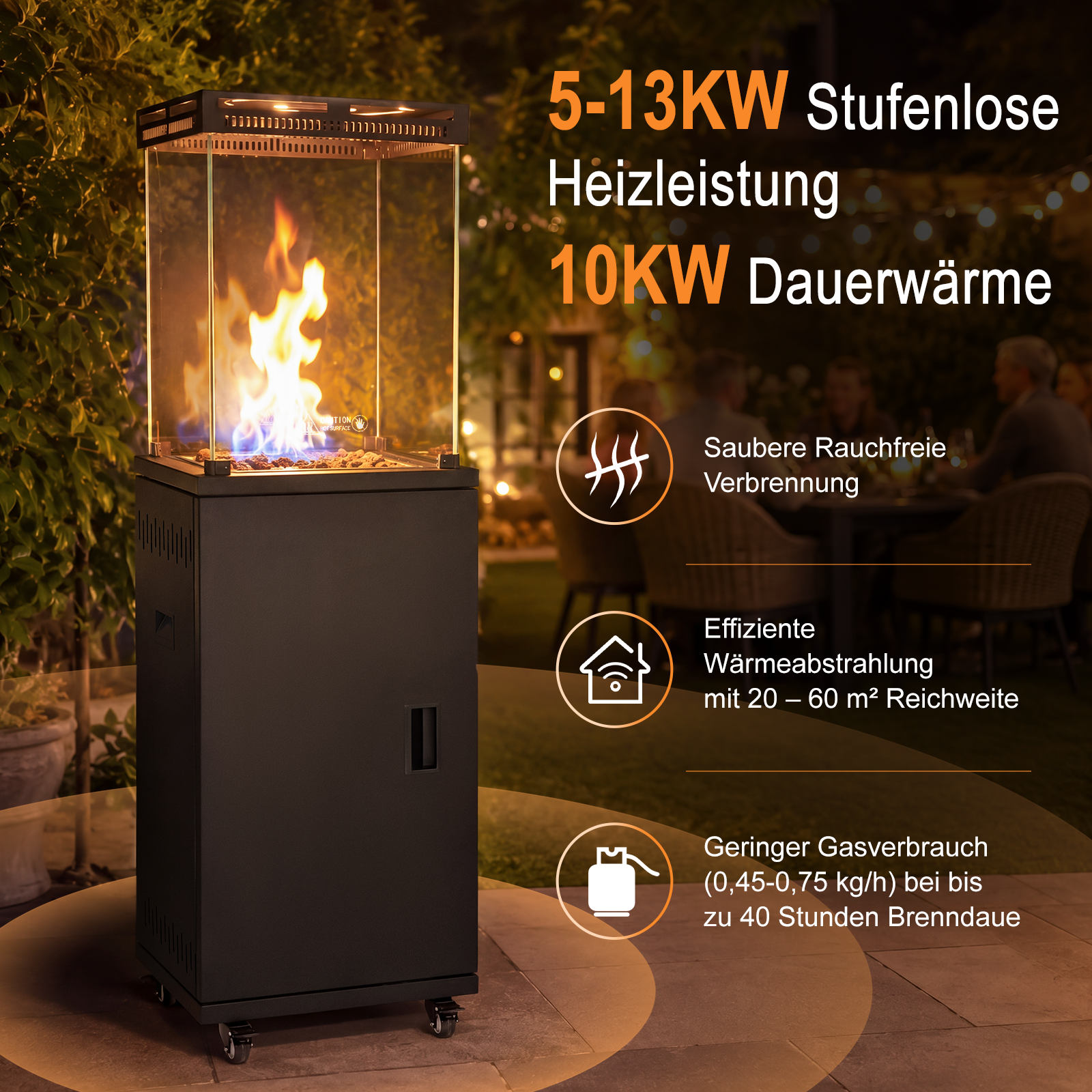 Un riscaldatore da patio nero con chiusura in vetro e fiamma luminosa, all'aperto con testo.
