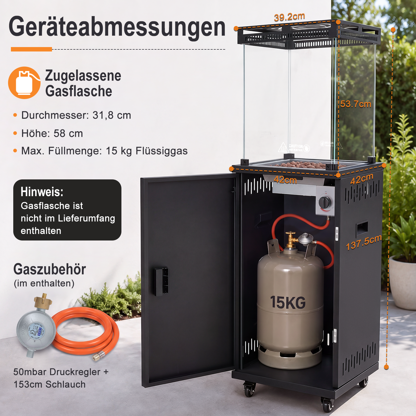 Schema delle dimensioni di un riscaldatore da patio nero con bombola del gas da 15 kg e accessori.
