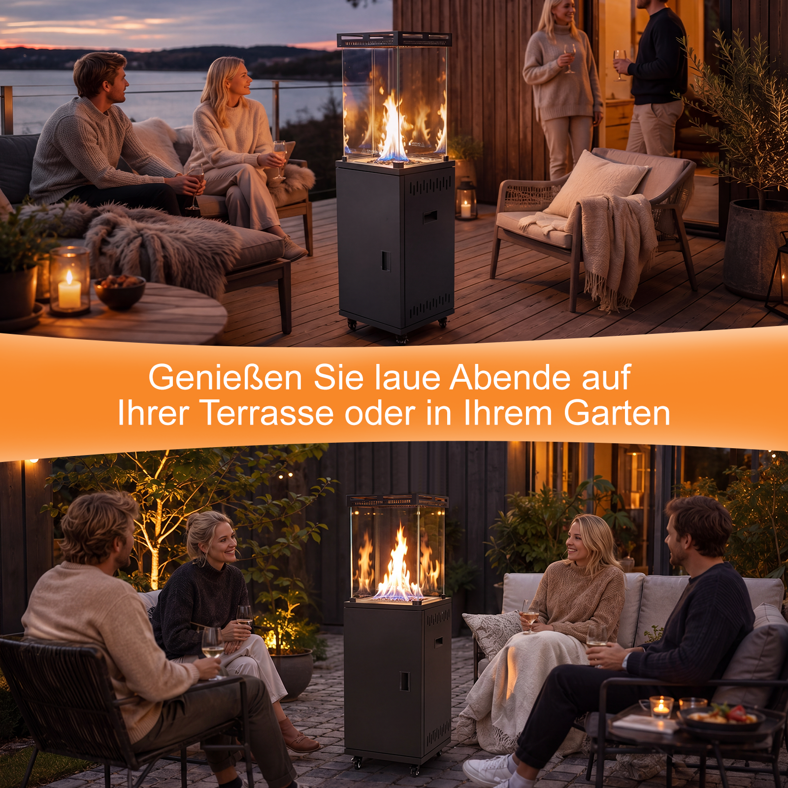 Persone che godono di una serata accogliente su una terrazza con un caminetto in vetro.