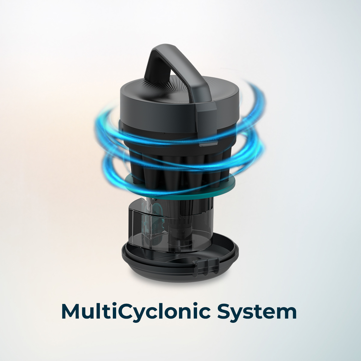 Un sistema multiciclonico nero con linee blu vorticose e il testo Multicyclonic System in basso.