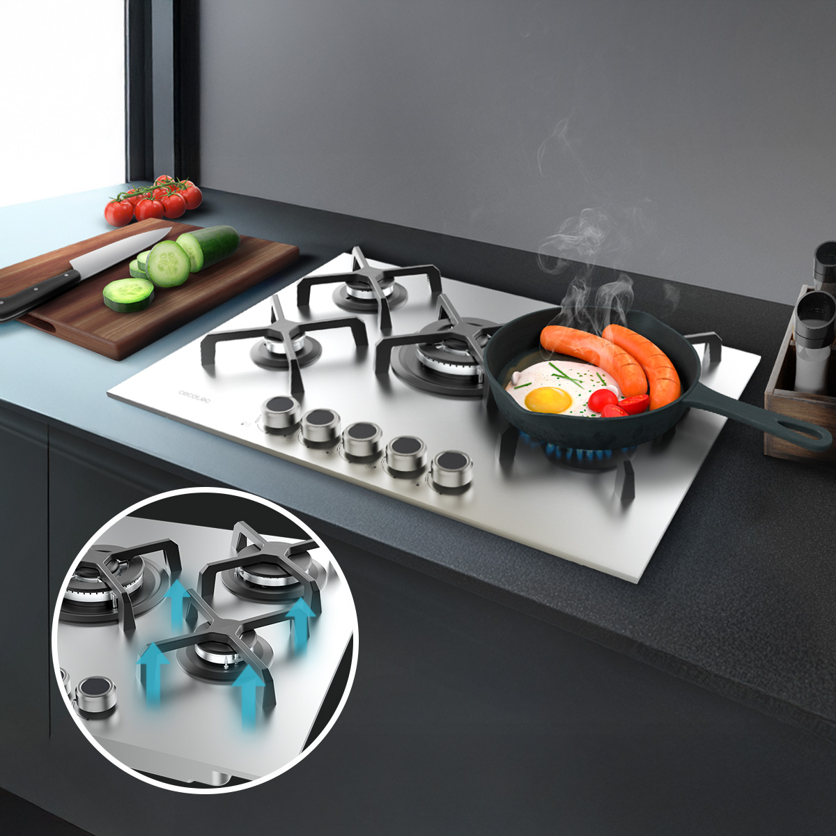 Una encimera de gas de acero inoxidable con una sartén cocinando salchichas y un huevo. Un círculo muestra los quemadores.