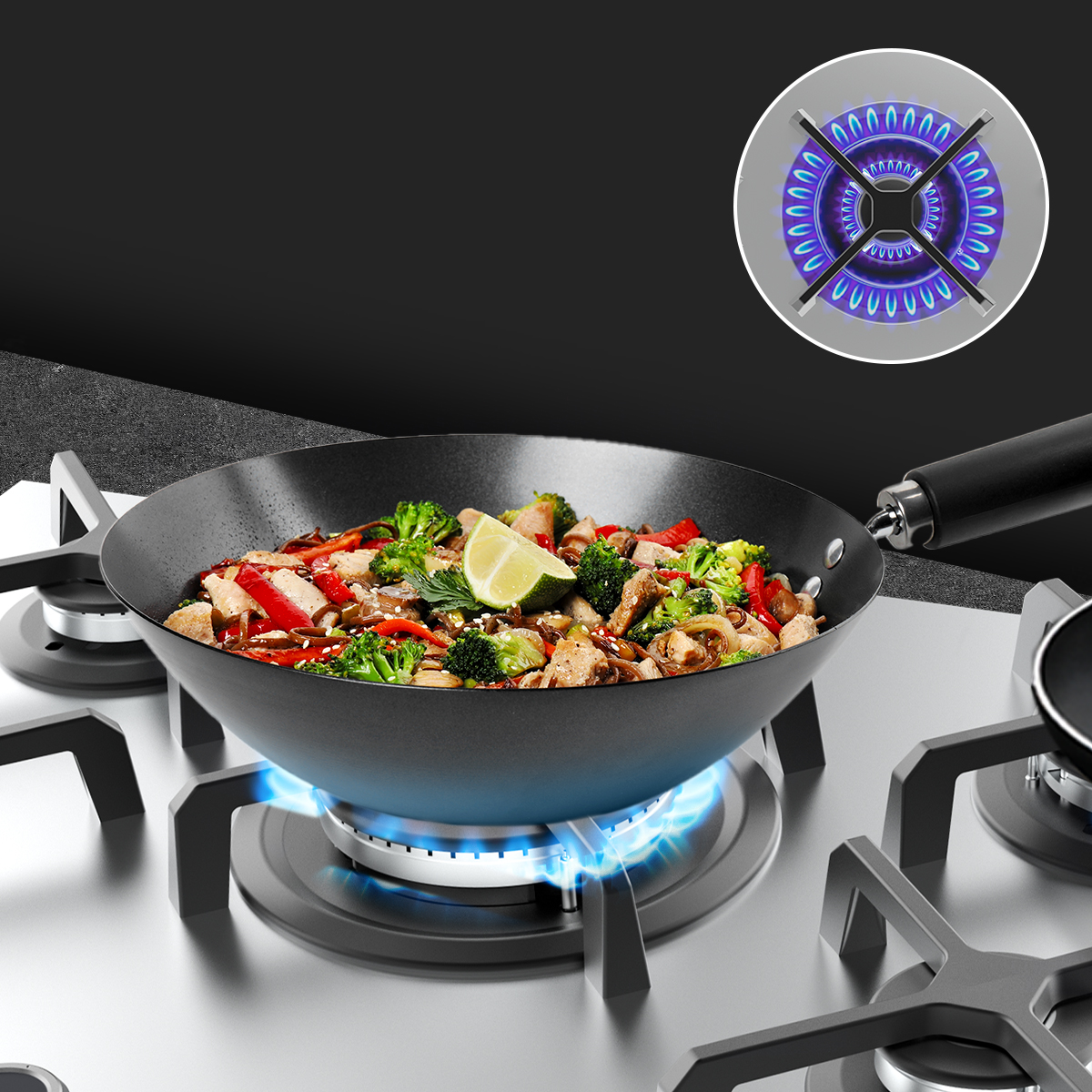 Un wok con verduras y carne se cocina en una llama de gas azul. Arriba a la derecha muestra la llama del quemador.