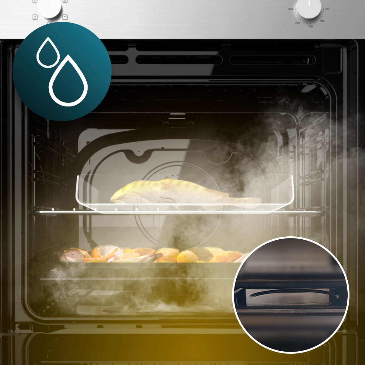 Interior de un horno con vapor, un pescado en la rejilla superior, verduras abajo y un icono de gota.