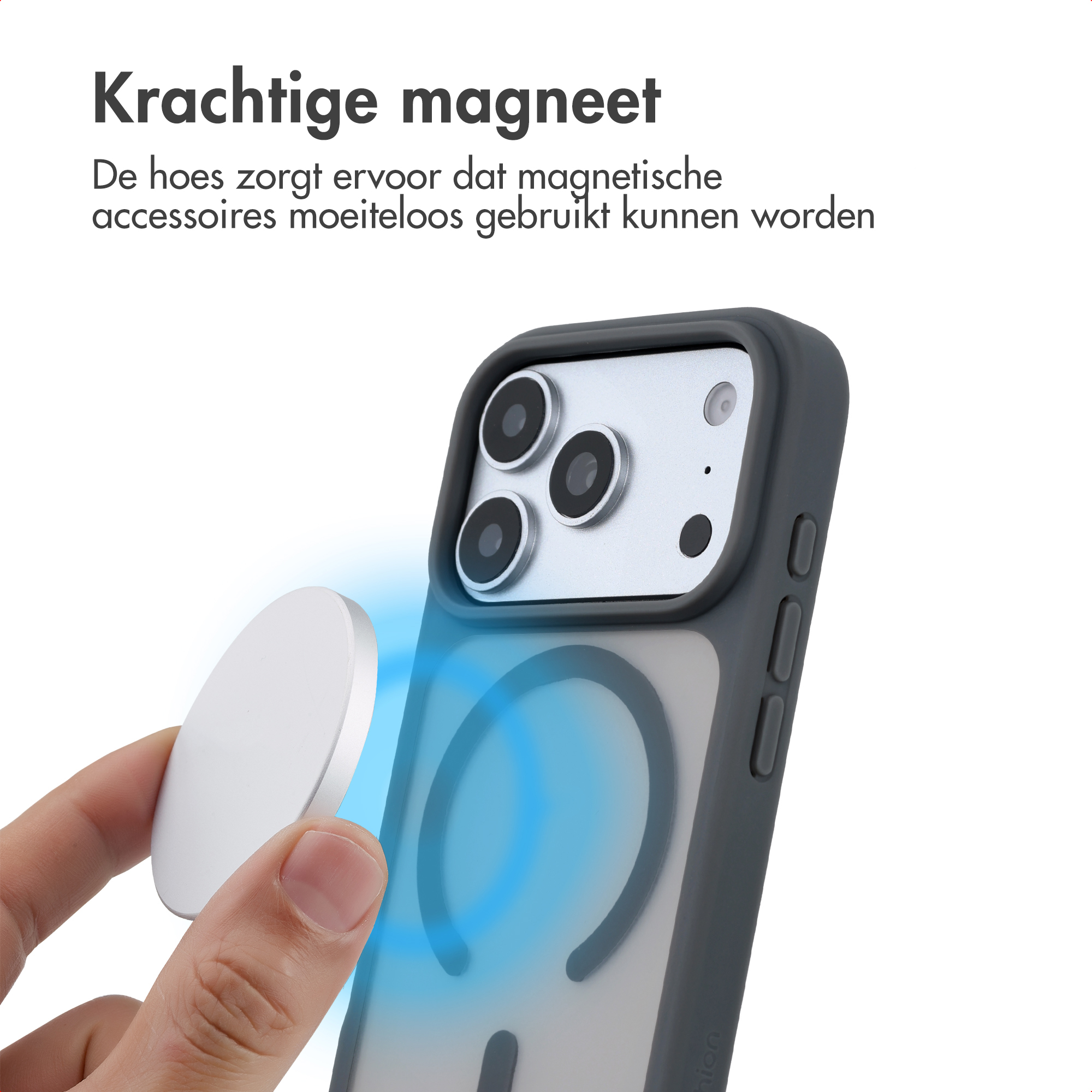Coque de téléphone avec aimant fort et accessoire magnétique en main.