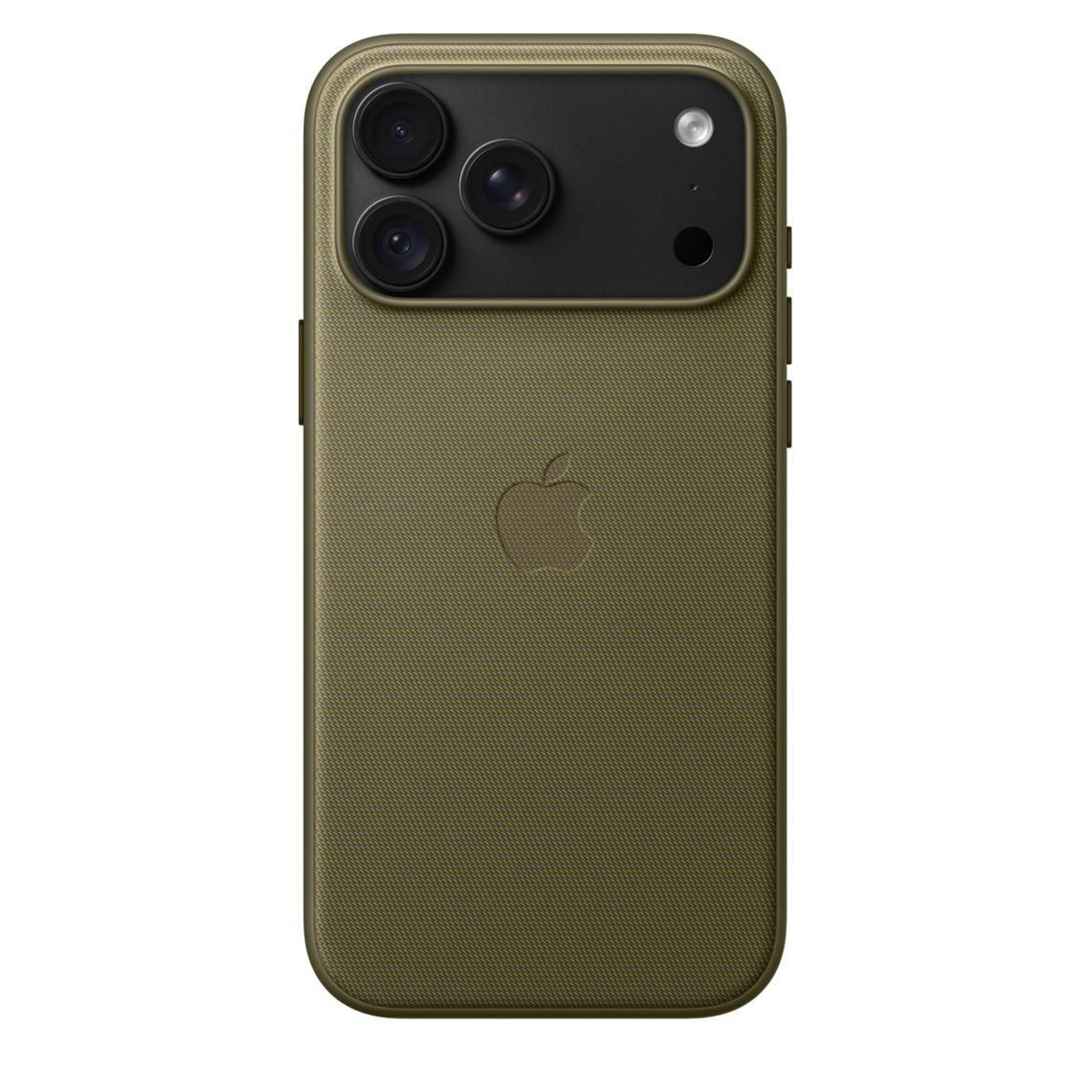 Retro di un iPhone verde oliva con tre fotocamere in un modulo nero e logo Apple.
