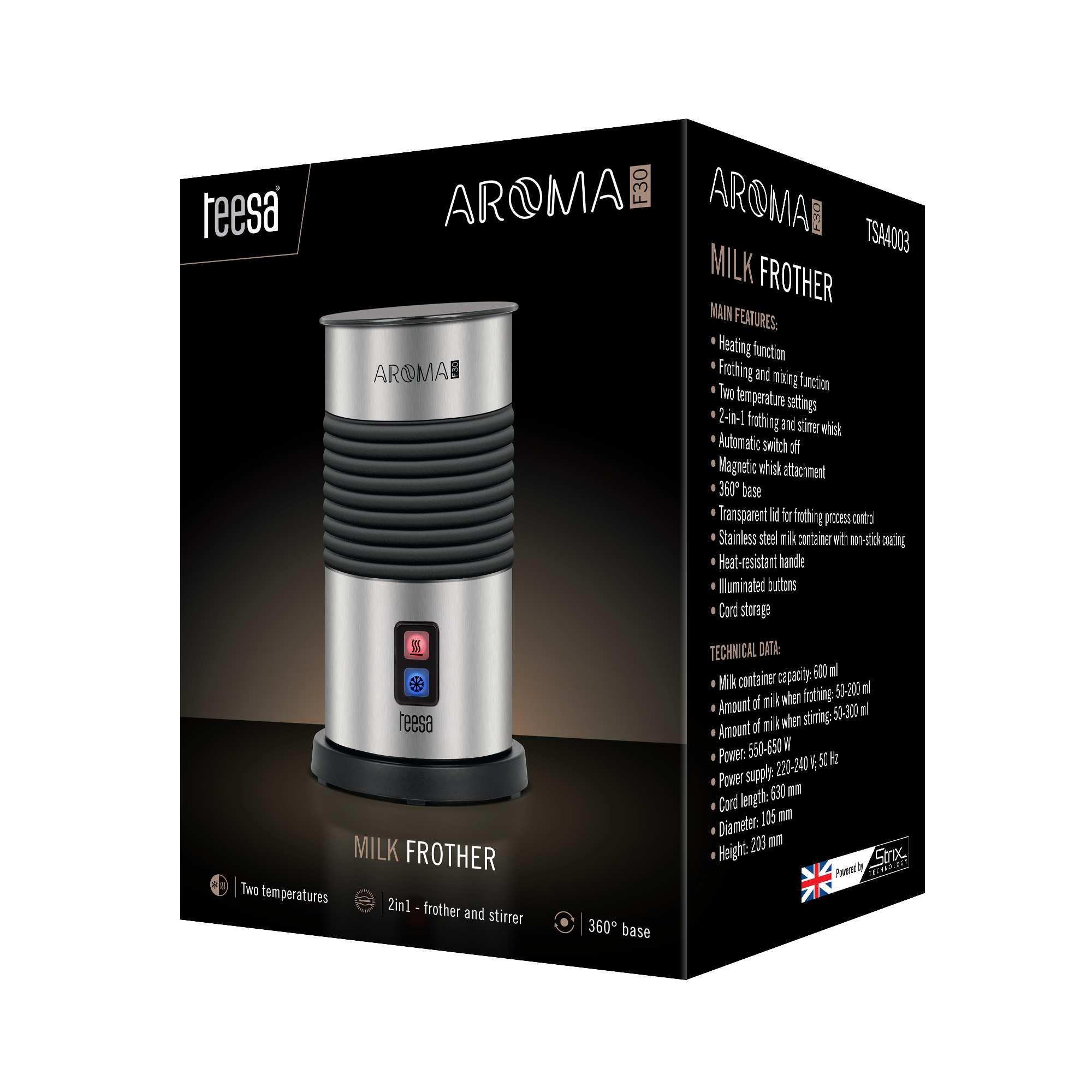 Opakowanie spieniacza do mleka Teesa Aroma F30 z listą cech i danych technicznych.