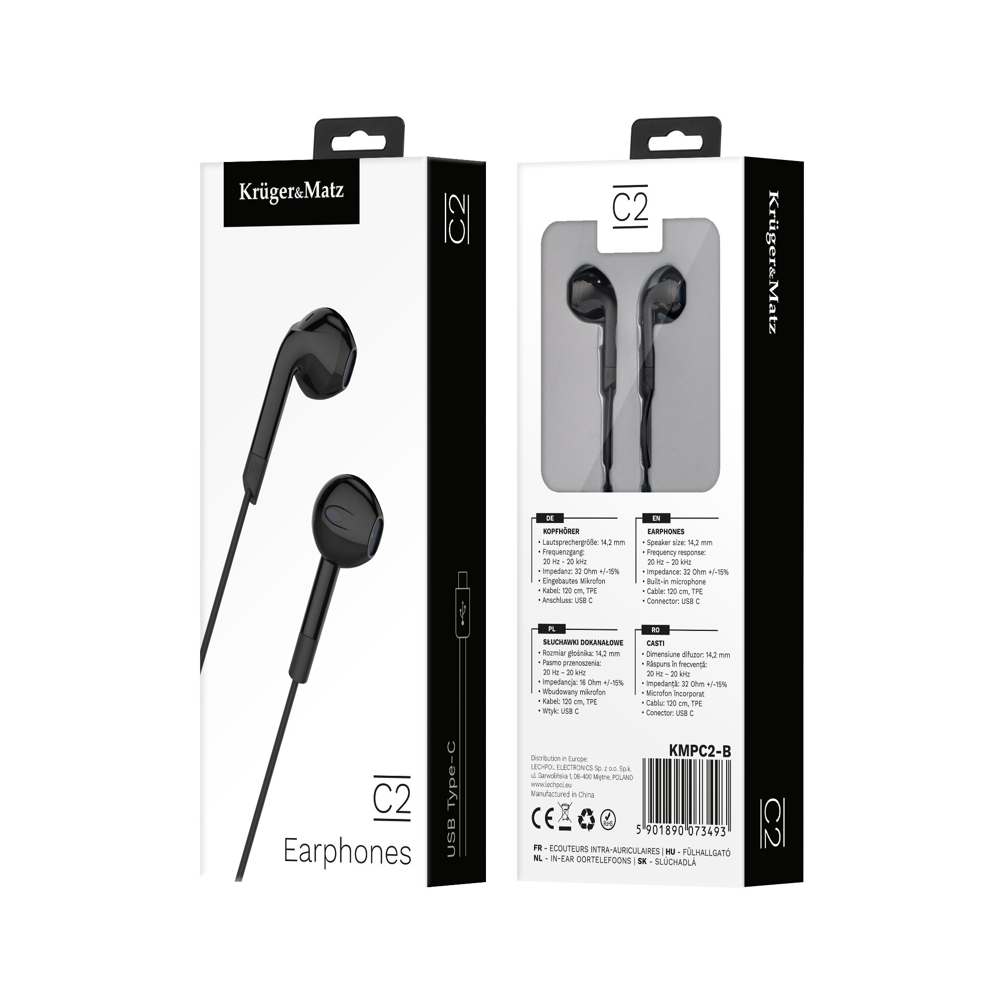 Opakowanie słuchawek dokanałowych USB-C Krüger&Matz C2 ze specyfikacją i zdjęciami produktu na czarnym tle.