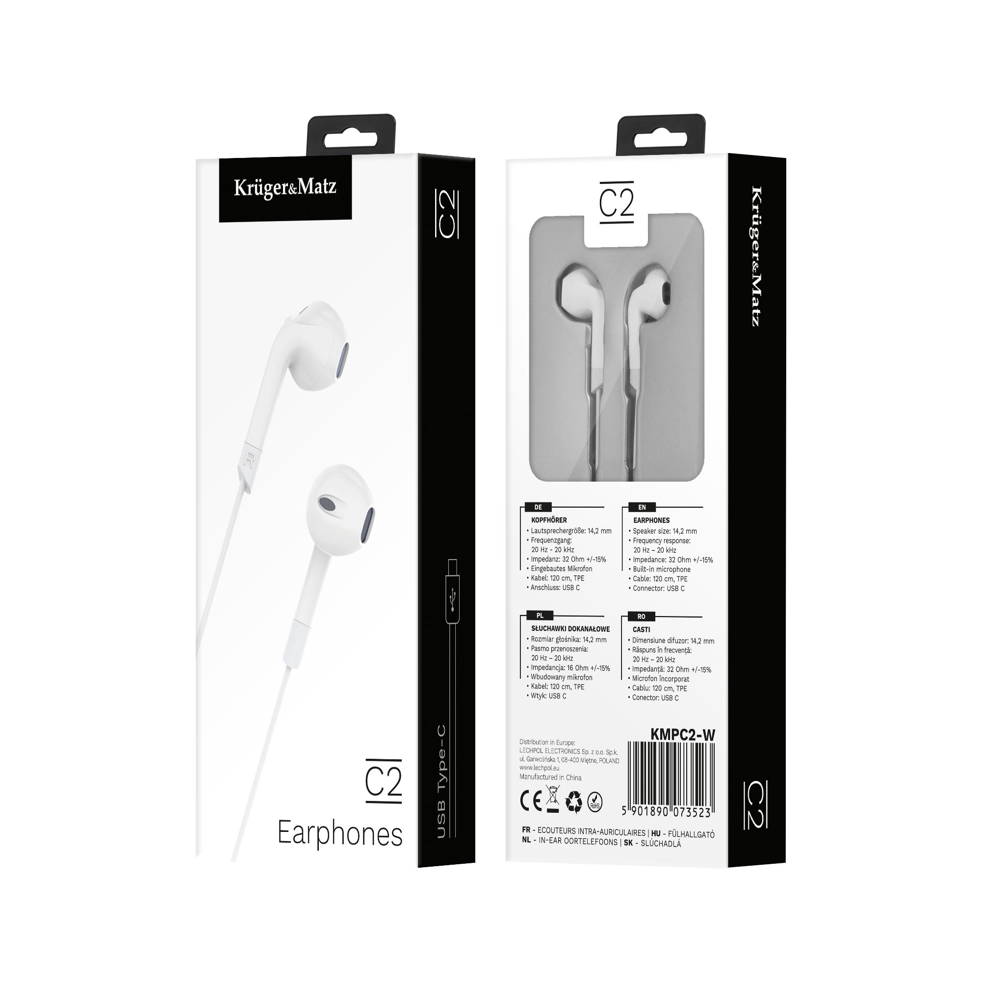 Słuchawki USB-C Krüger&Matz C2 w opakowaniu, widok z przodu i z tyłu.