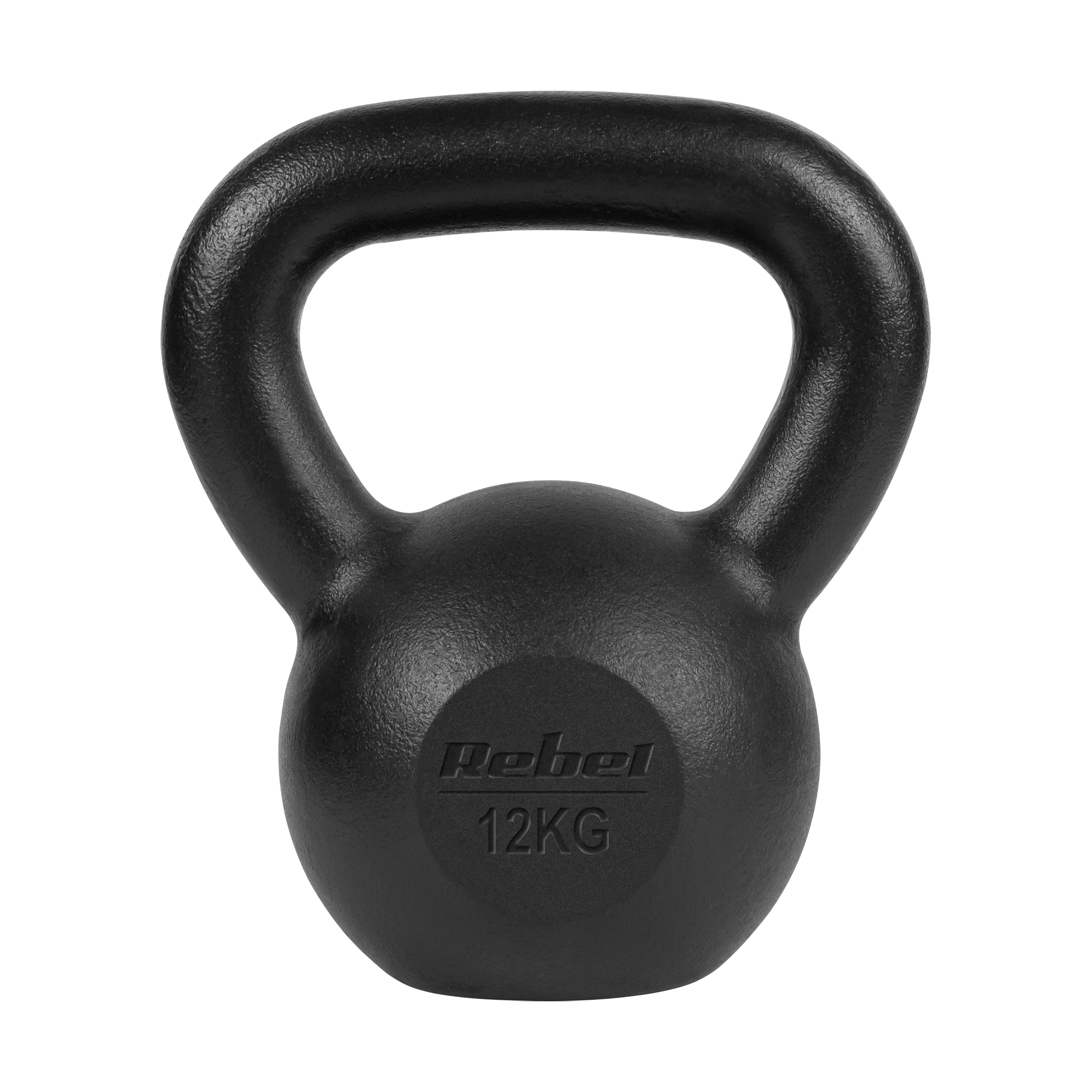 Czarny odważnik kettlebell 12 kg z napisem Rebel na obudowie.