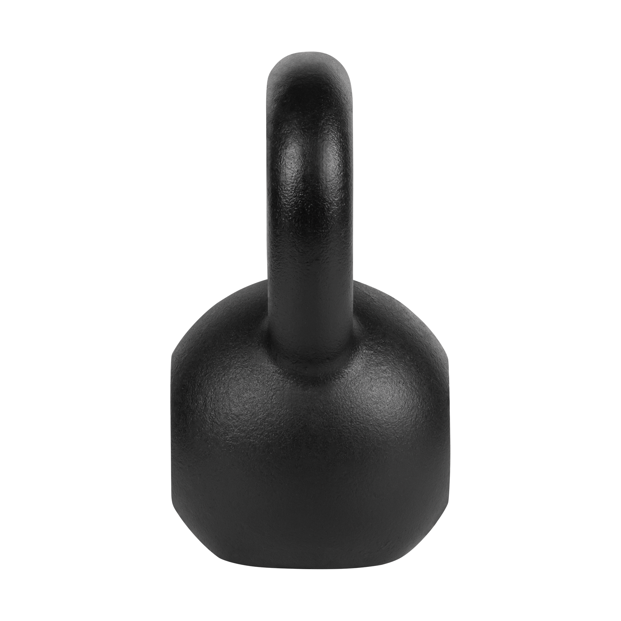 Czarny odważnik kettlebell stoi centralnie na czarnym tle.